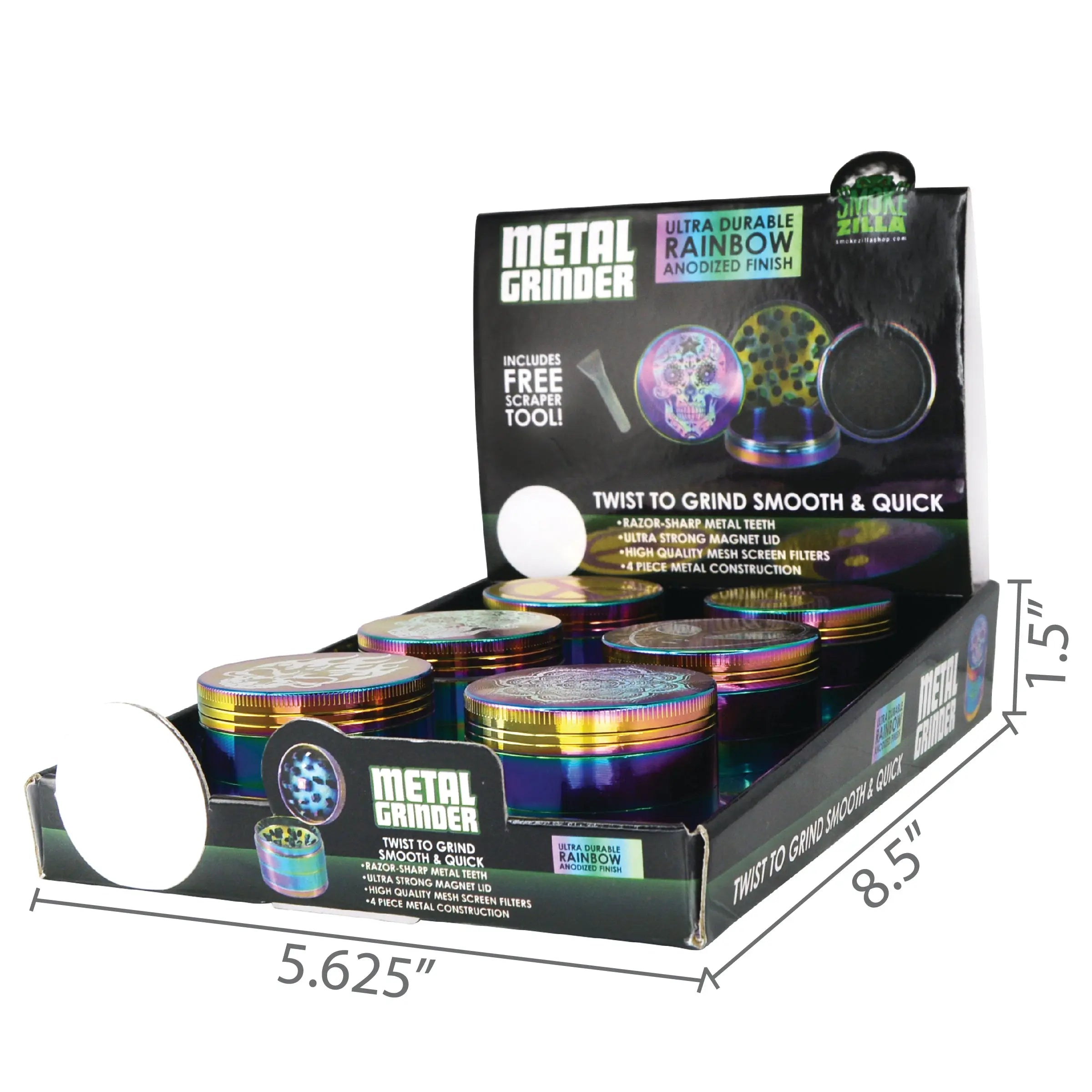 Metal 4 Piece Iridescent Grinder with Magnetic Closure - 6 Pieces Per Retail Ready Display 26034 SMOKEZILLA