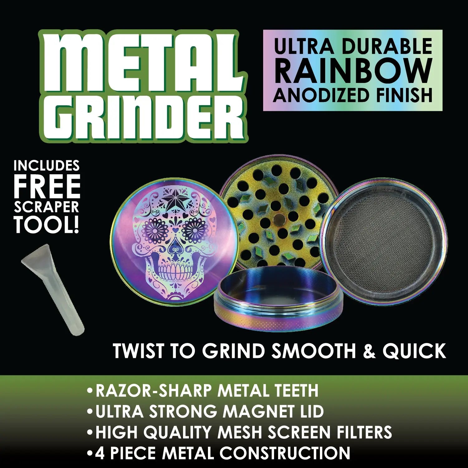 Metal 4 Piece Iridescent Grinder with Magnetic Closure - 6 Pieces Per Retail Ready Display 26034 SMOKEZILLA
