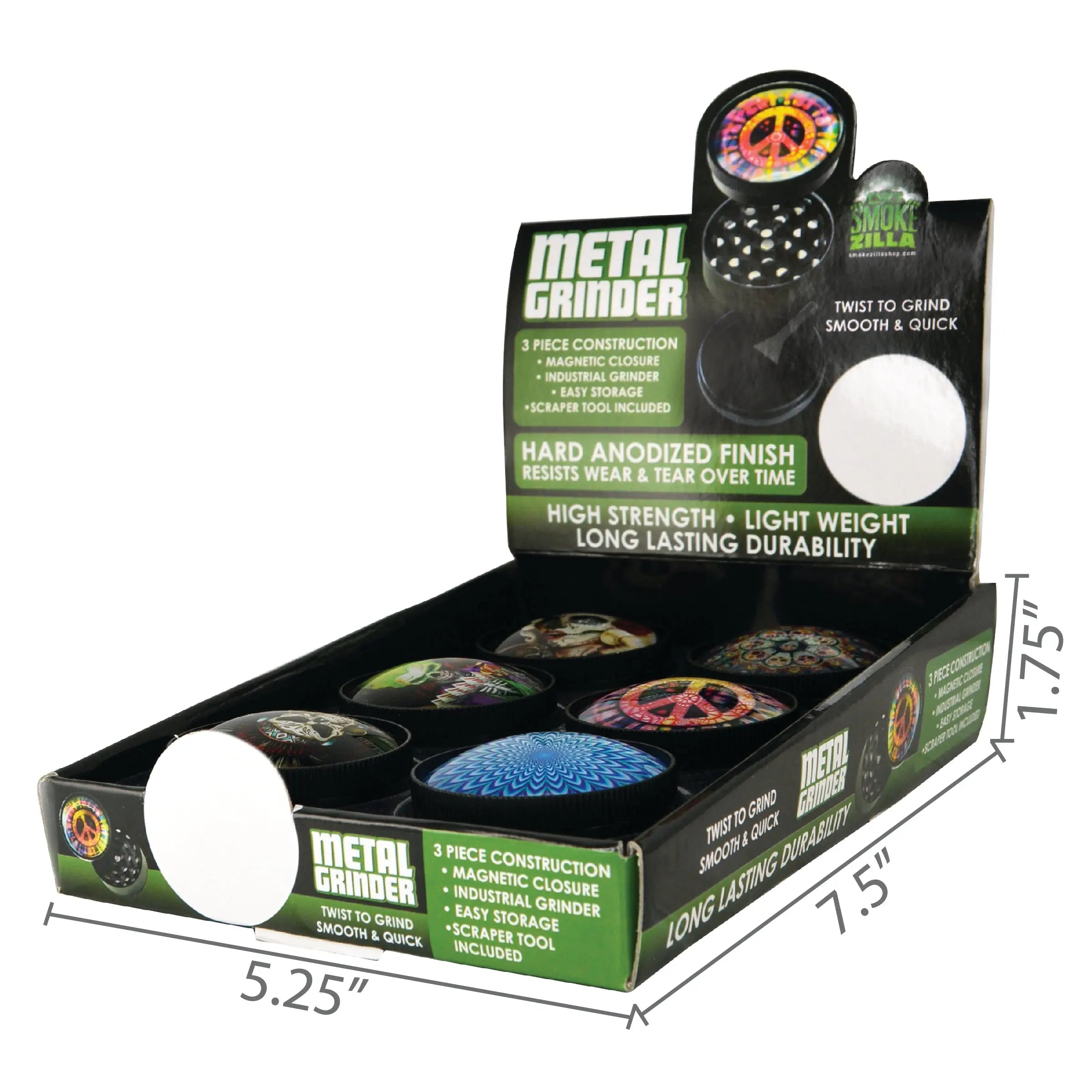 Metal 4 Piece Grinder with Dome Lid - 6 Pieces Per Retail Ready Display 26050 SMOKEZILLA