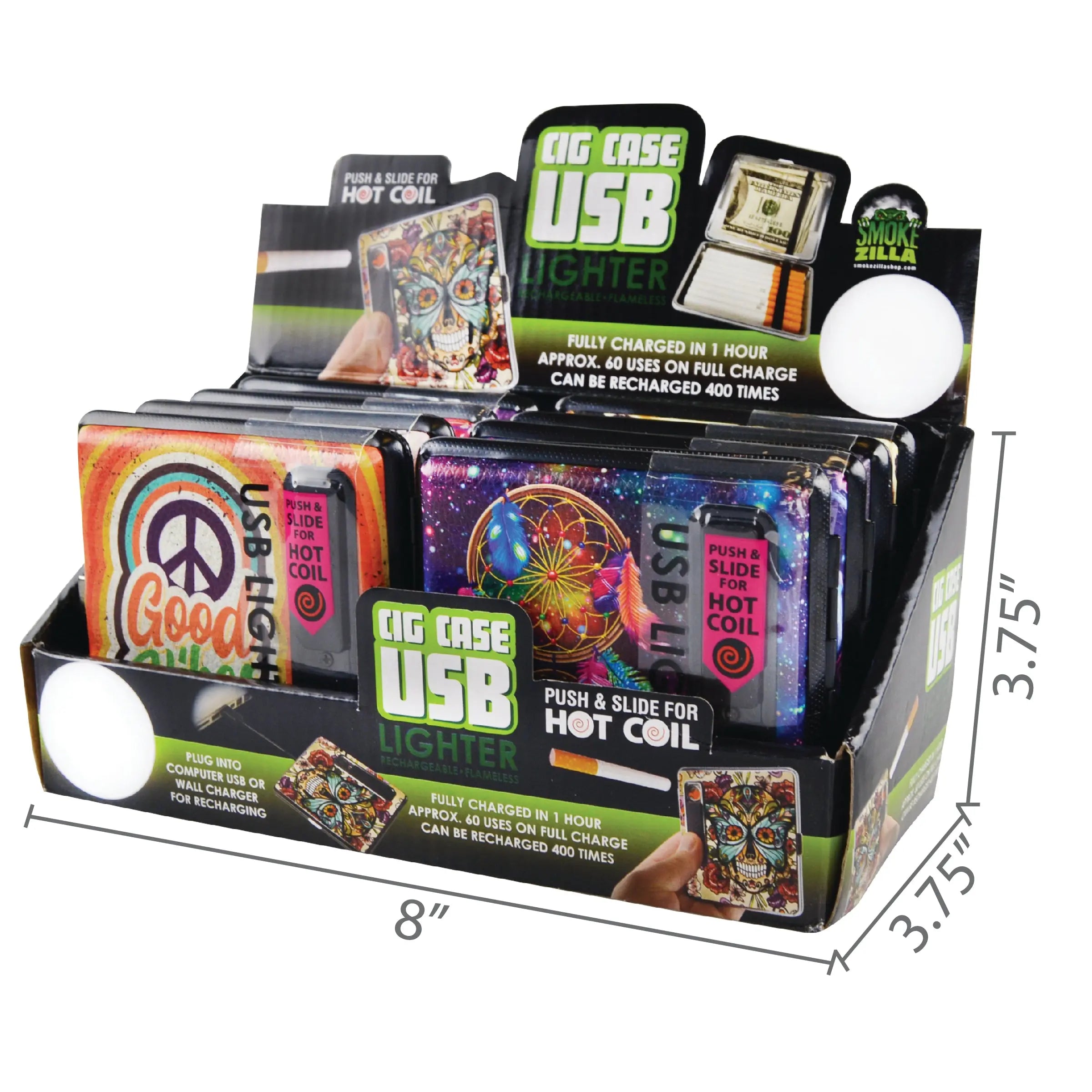 Cigarette Case with USB Coil Lighter - 6 Pieces Per Retail Ready Display 26155 SMOKEZILLA