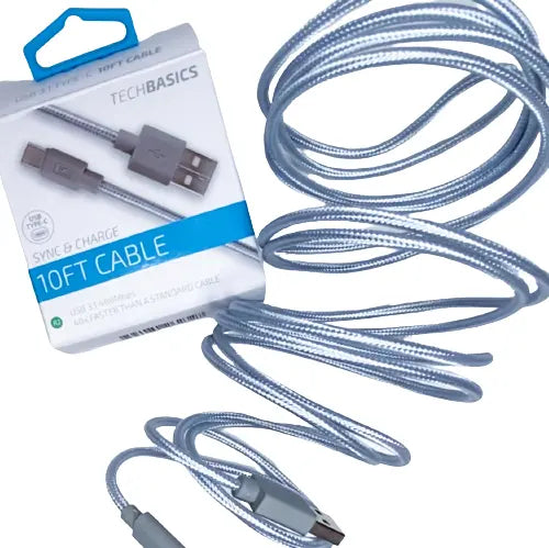 Charging Cable Tech Basics USB to USB-C 10FT - 5 Pieces Per Pack 26232 NOVELTY INC
