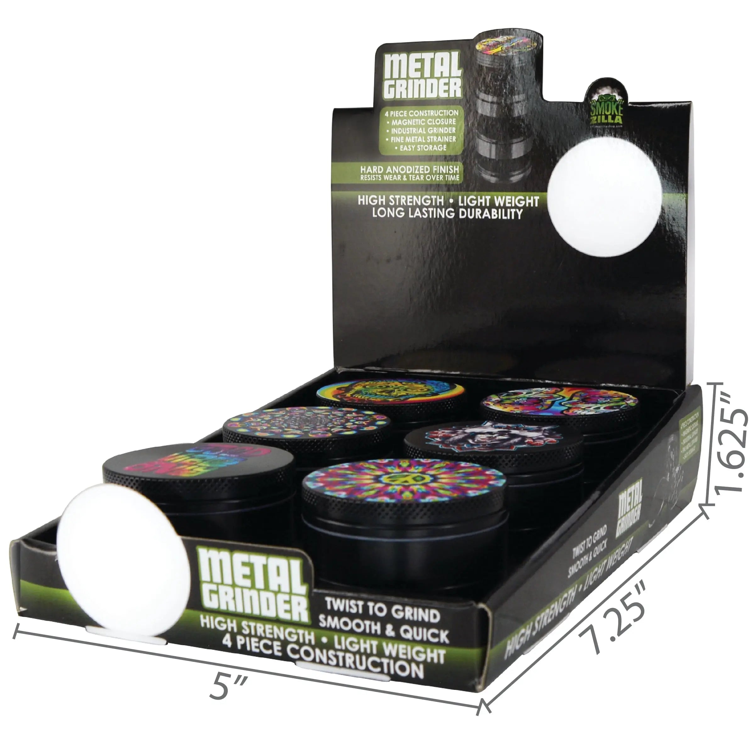 Metal 4 Piece Grinder with Printed Top - 6 Pieces Per Retail Ready Display 26439 SMOKEZILLA