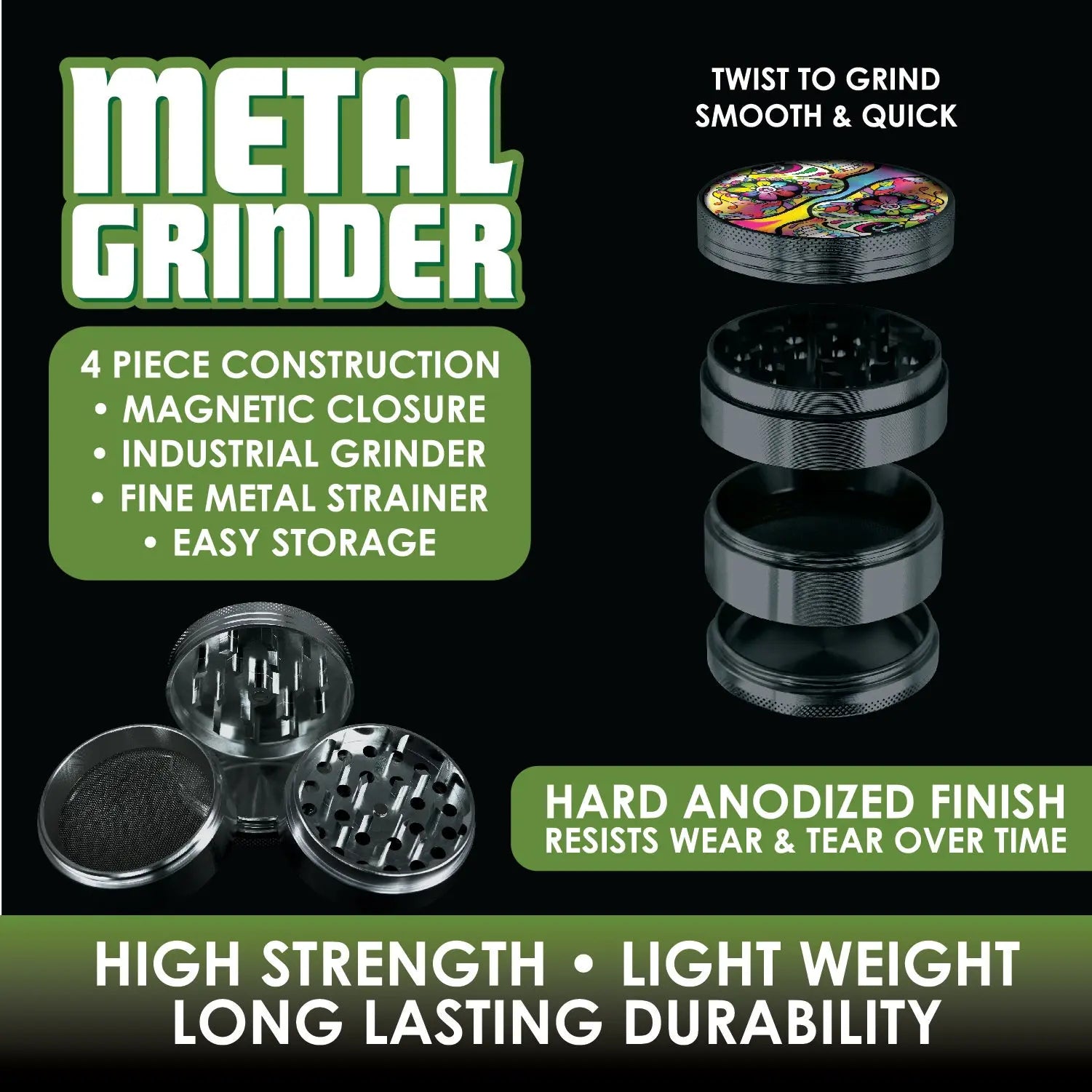 Metal 4 Piece Grinder with Printed Top - 6 Pieces Per Retail Ready Display 26439 SMOKEZILLA