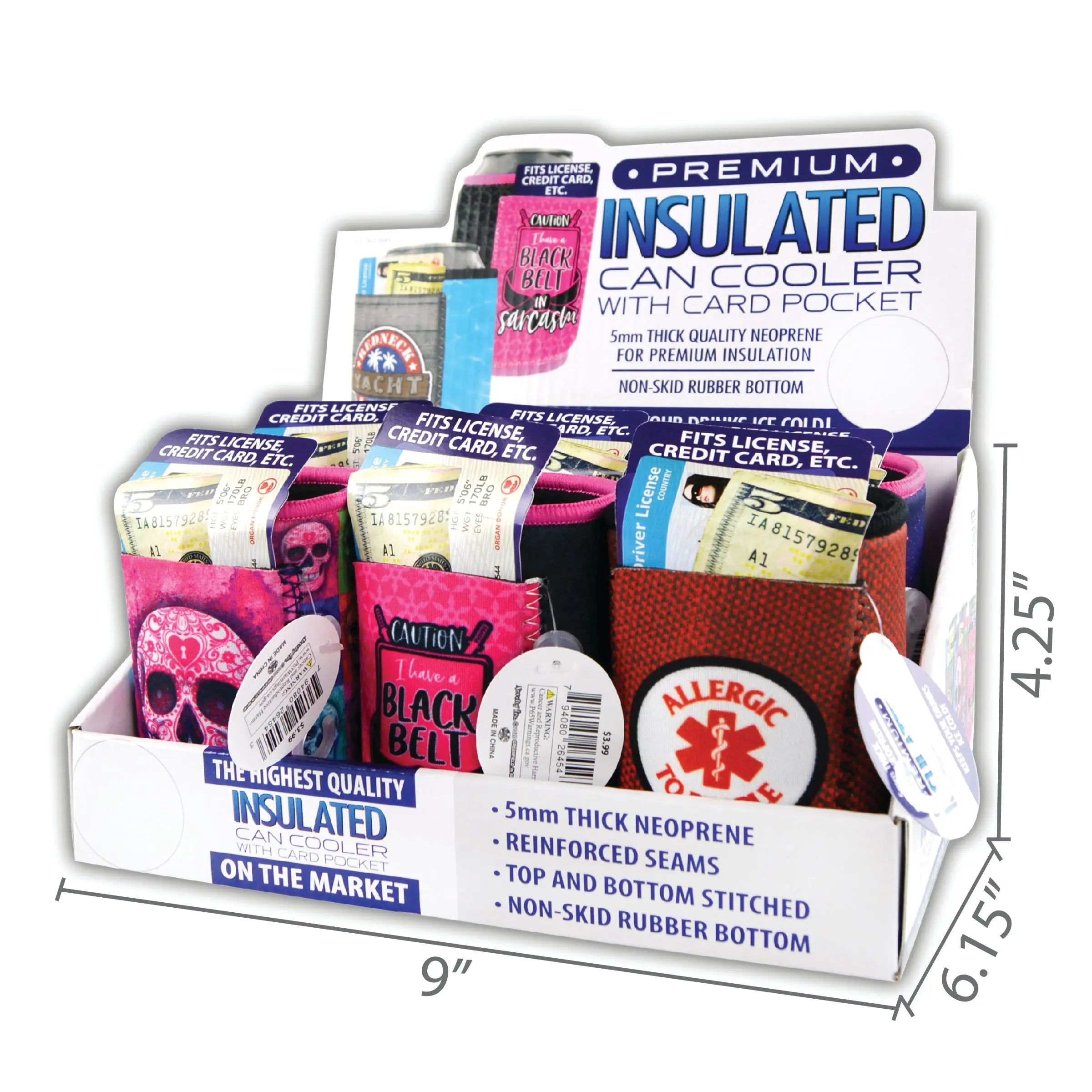 Neoprene Can and Bottle Cooler with Card Pocket - 6 Pieces Per Retail Ready Display 26454 POLAR GEAR