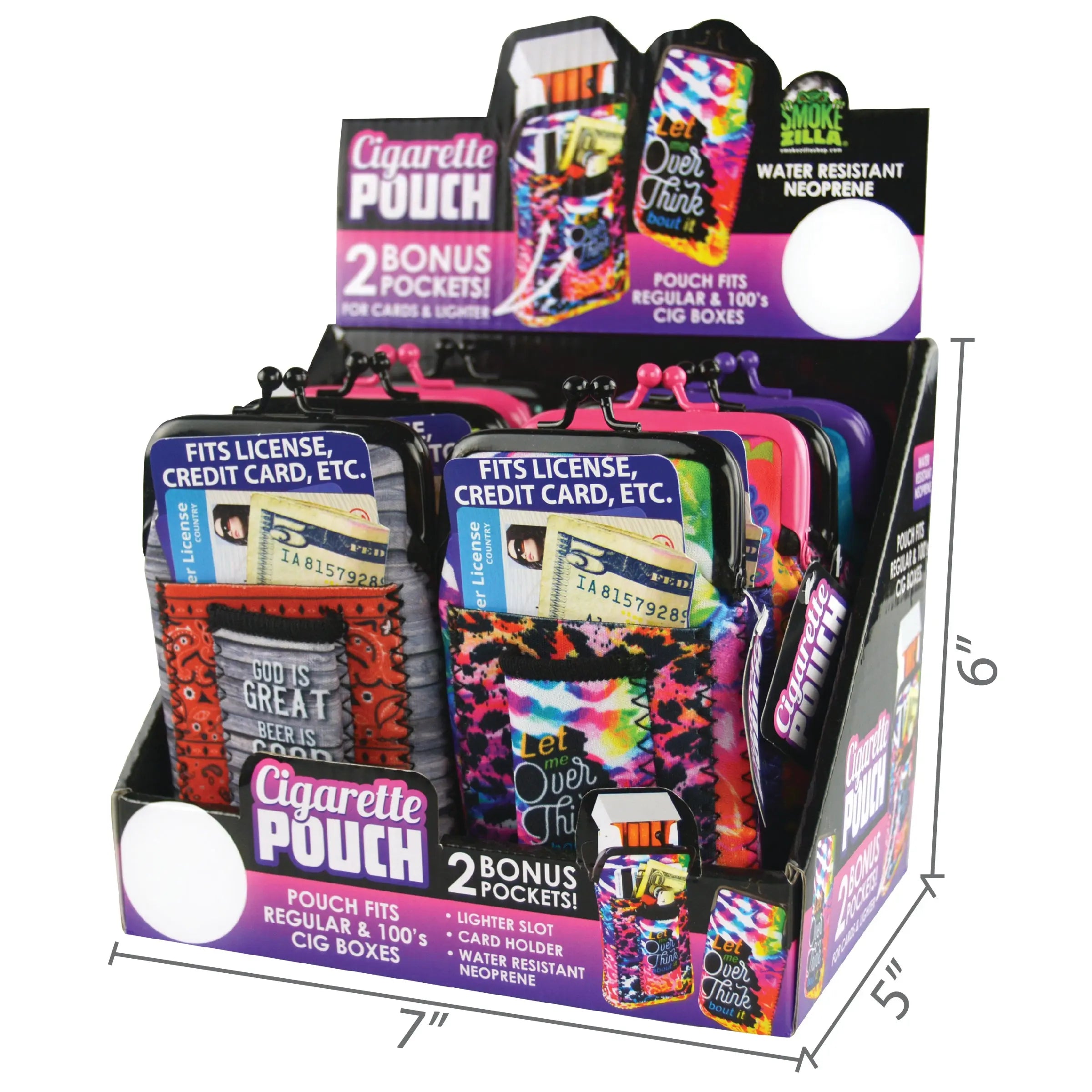 Neoprene Cigarette Pouch with Pocket - 8 Pieces Per Retail Ready Display 26659 SMOKEZILLA