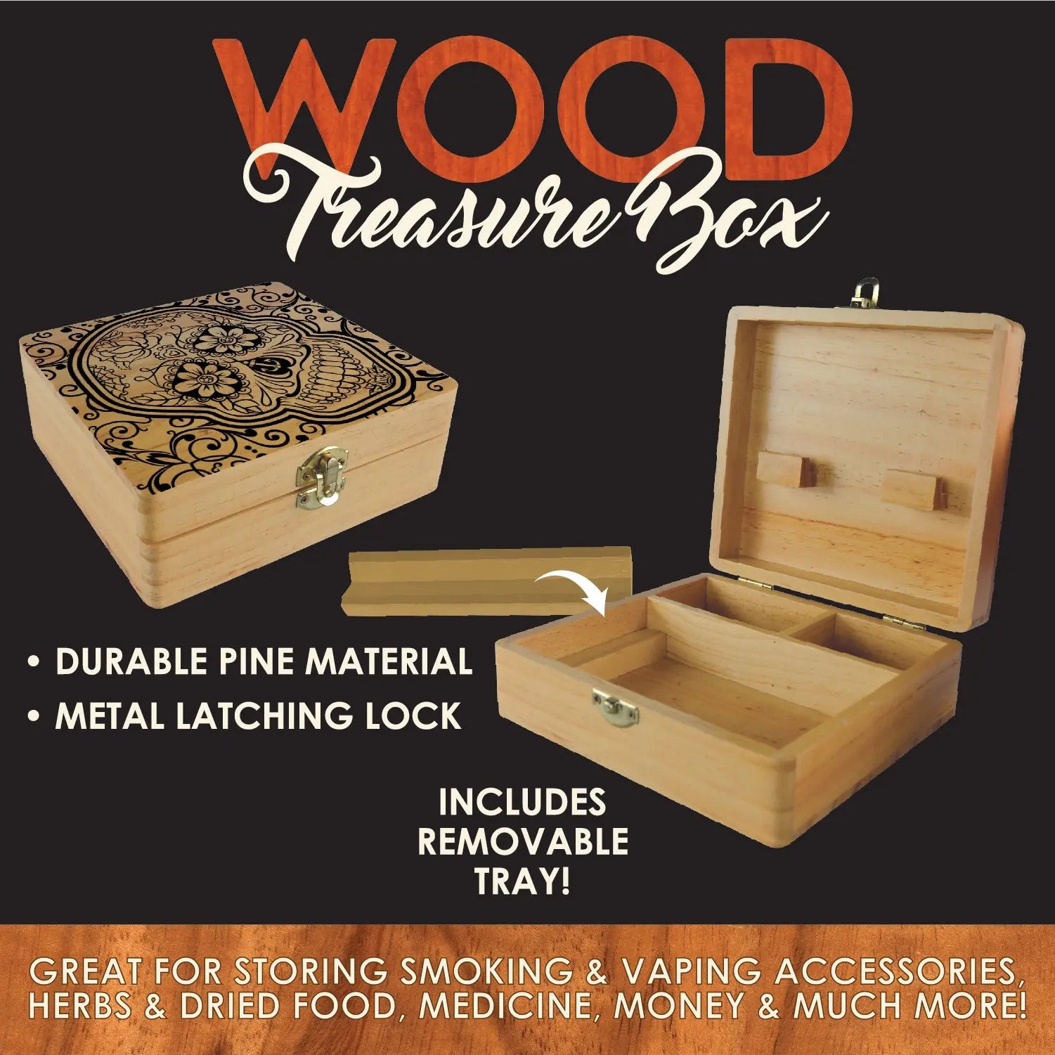Wood Storage Box with Removable Tray - 6 Pieces Per Retail Ready Display 28198 SMOKEZILLA