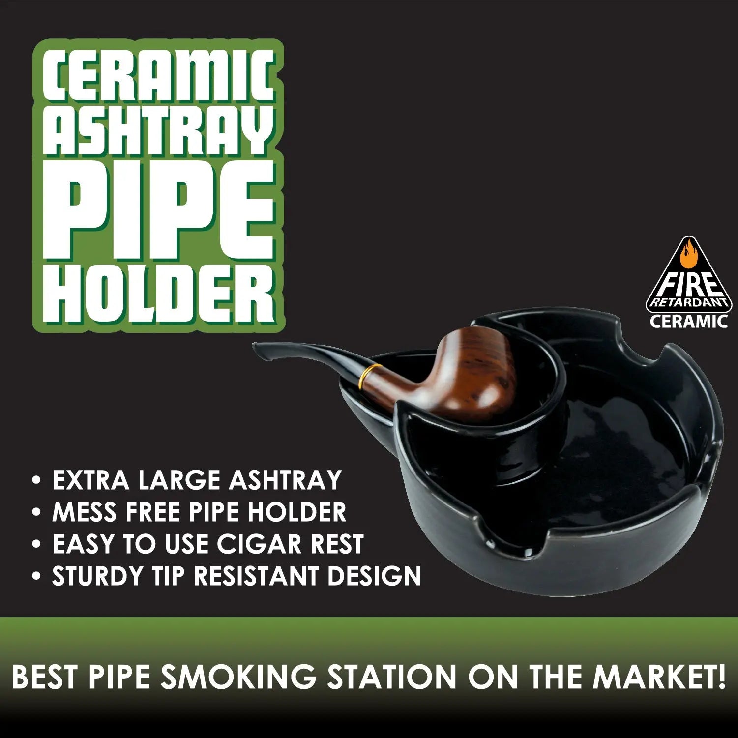 Black Ceramic Extra Large Pipe Holder Ashtray - 6 Pieces Per Retail Ready Display 28205 SMOKEZILLA