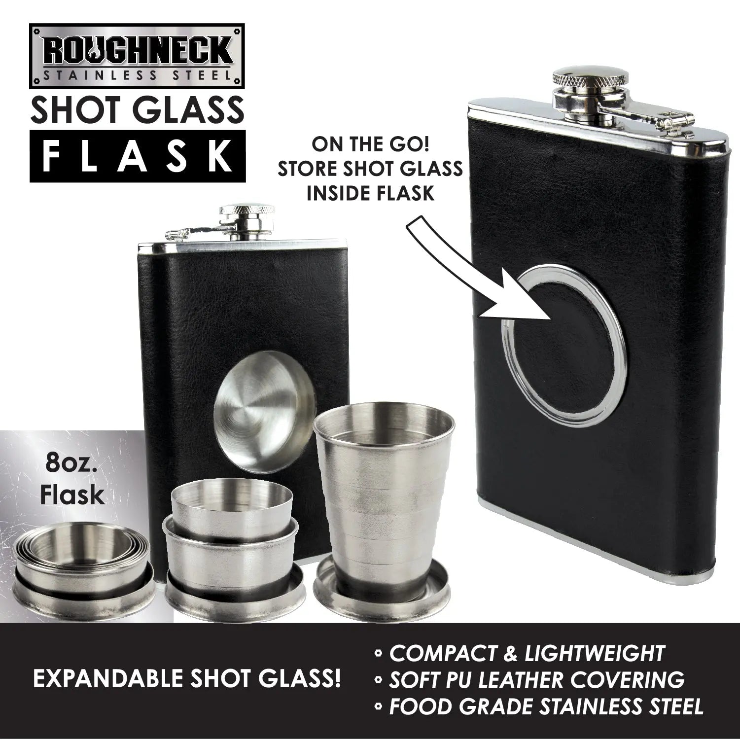 8 oz Stainless-Steel Flask with Shot Glass - 6 Pieces Per Retail Ready Display 28257 ROUGHNECK
