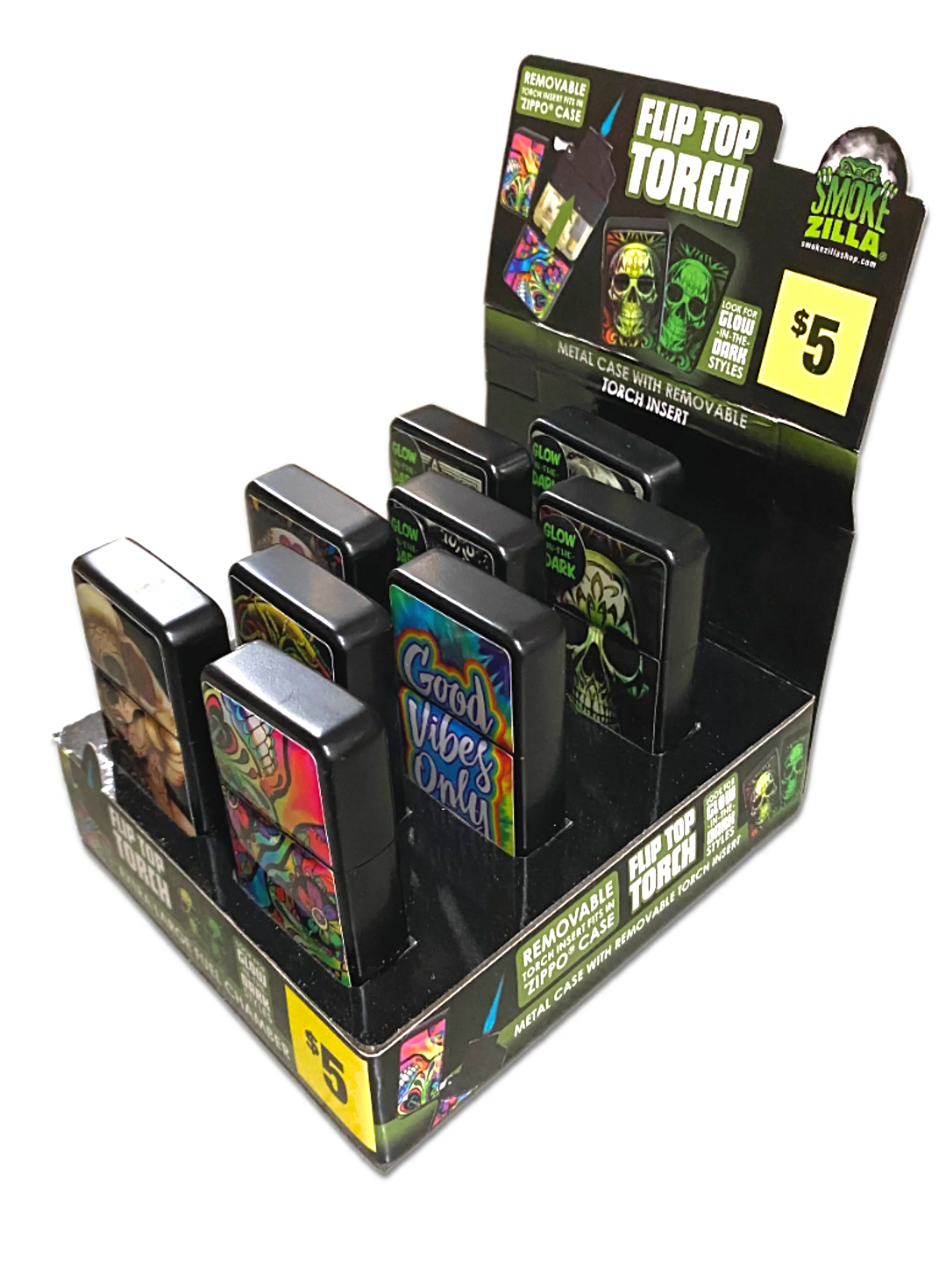 Glow in The Dark Flip Top Torch Lighter - 9 Pieces Per Retail Ready Display 40887 SMOKEZILLA