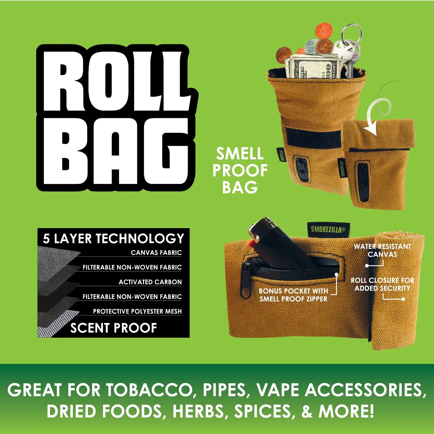 Smell Proof Canvas Roll Bag - 6 Pieces Per Retail Ready Display 41492 SMOKEZILLA