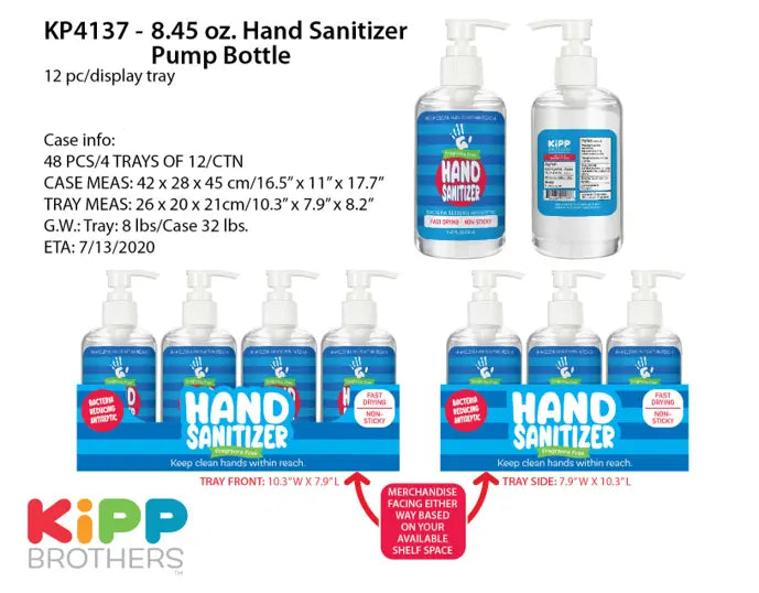 8.45 oz Hand Sanitizer W/Pump 12 Pieces Per Retail Ready Display KP4137 KIPP BROTHERS