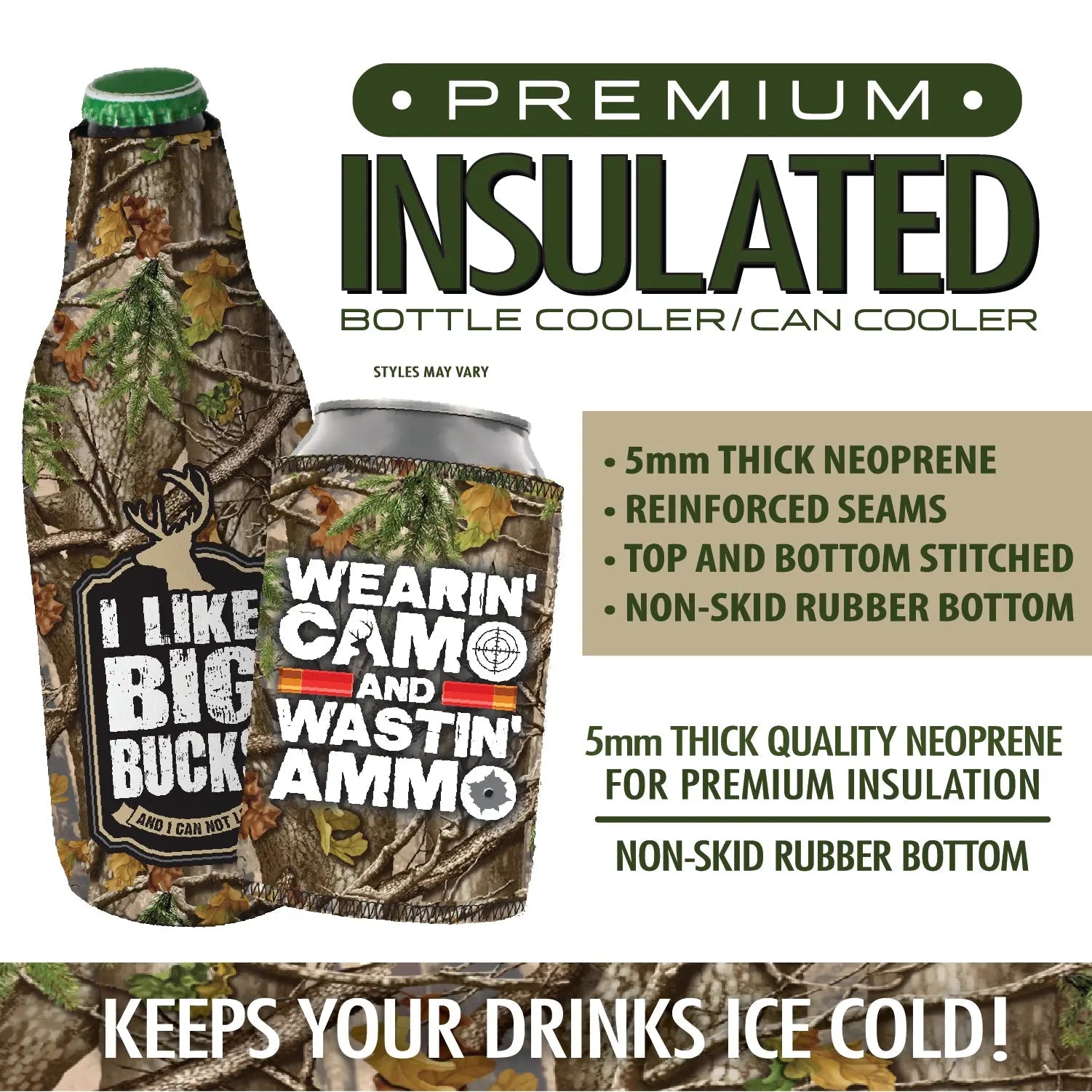 Neoprene Camo Can and Bottle Suit Cooler Assortment - 11 Pieces Per Retail Ready Display 88169 POLAR GEAR