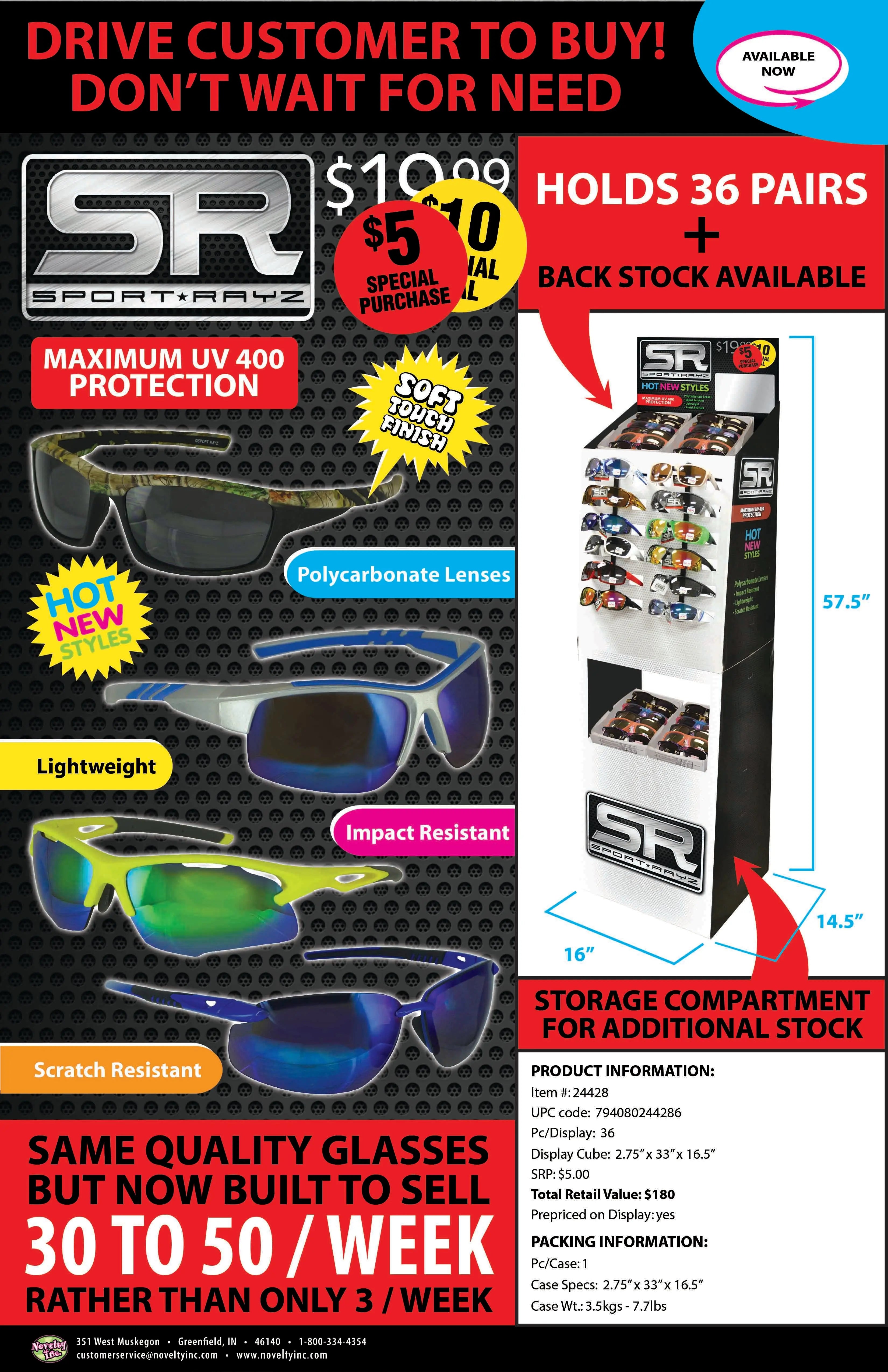 Sunglasses Sport Rayz Assortment Floor Display - 36 Pieces Per Retail Ready Display 88184 DRIVER'S EDGE