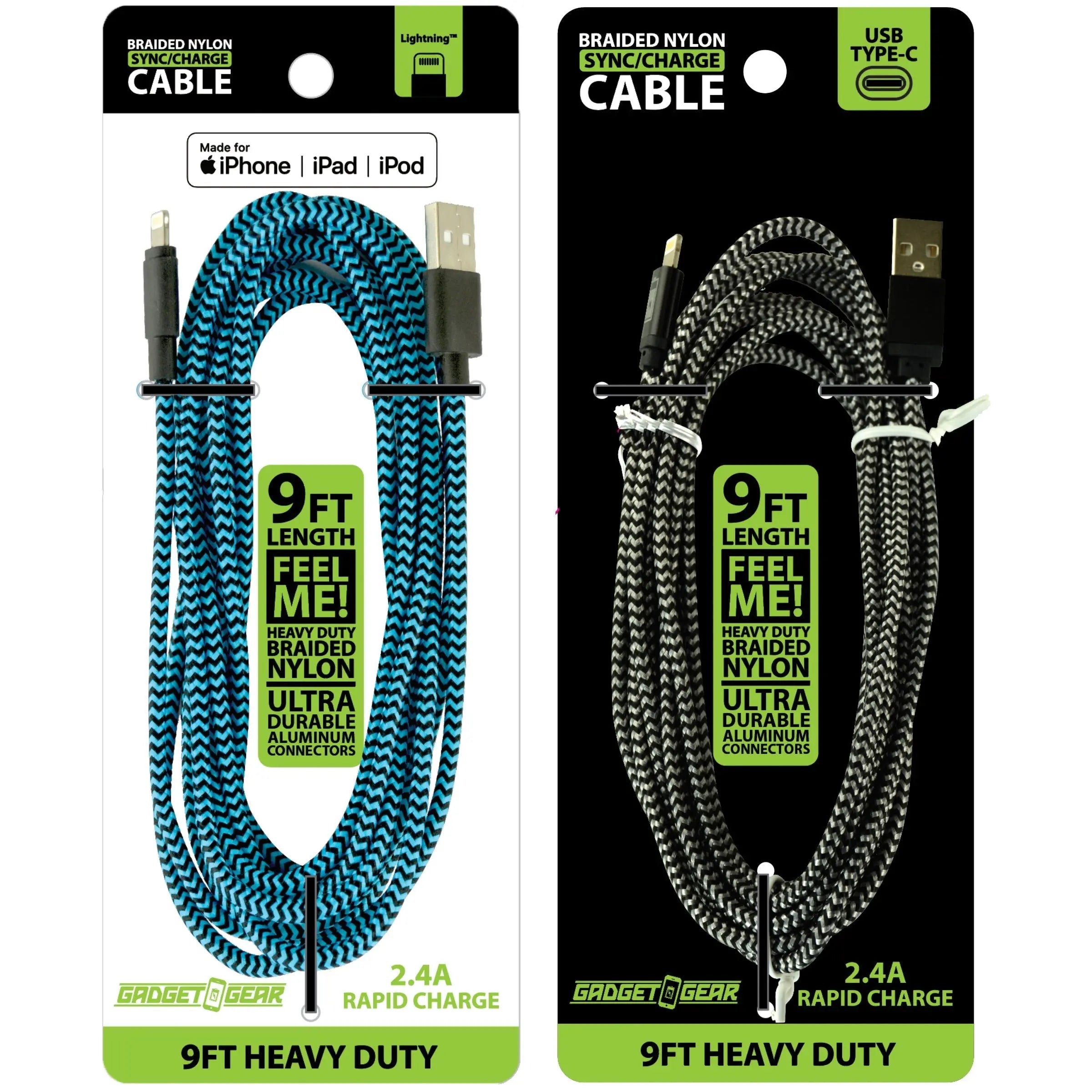 Charging Cable Braided Nylon Assortment 9FT 2.4 Amp - 12 Pieces Per Retail Ready Display 88254 GADGET GEAR