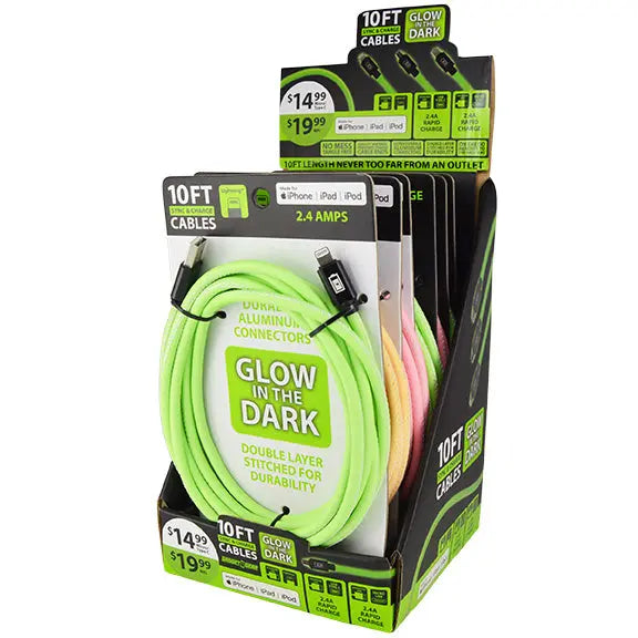 Charging Cable Glow in The Dark Assortment 10FT 2.4 Amp - 6 Pieces Per Retail Ready Display  88257 GADGET GEAR