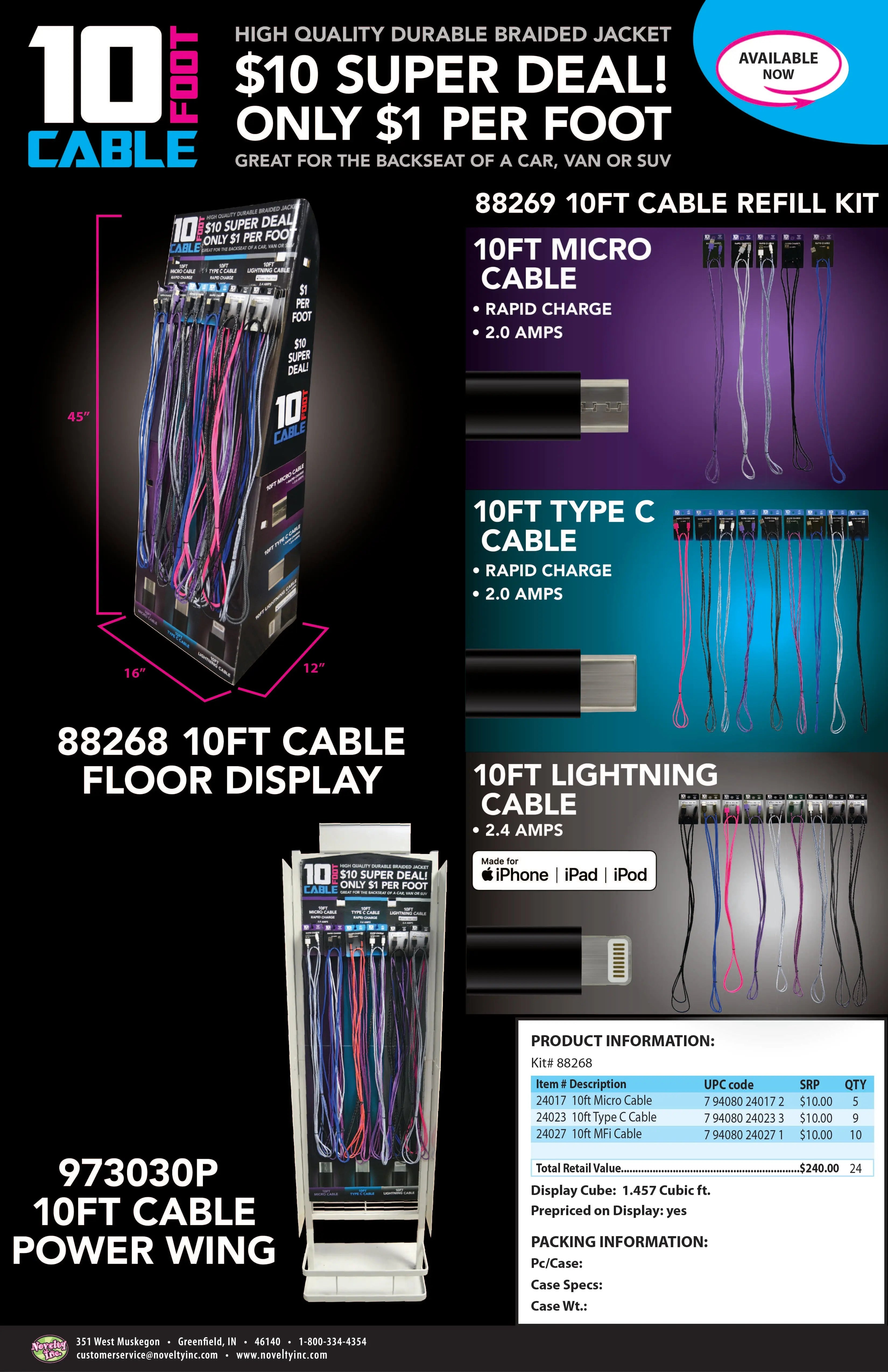 Charging Cable Nylon Braided Refill Kit Assortment - 24 Pieces Per Pack 88269 NOVELTY INC