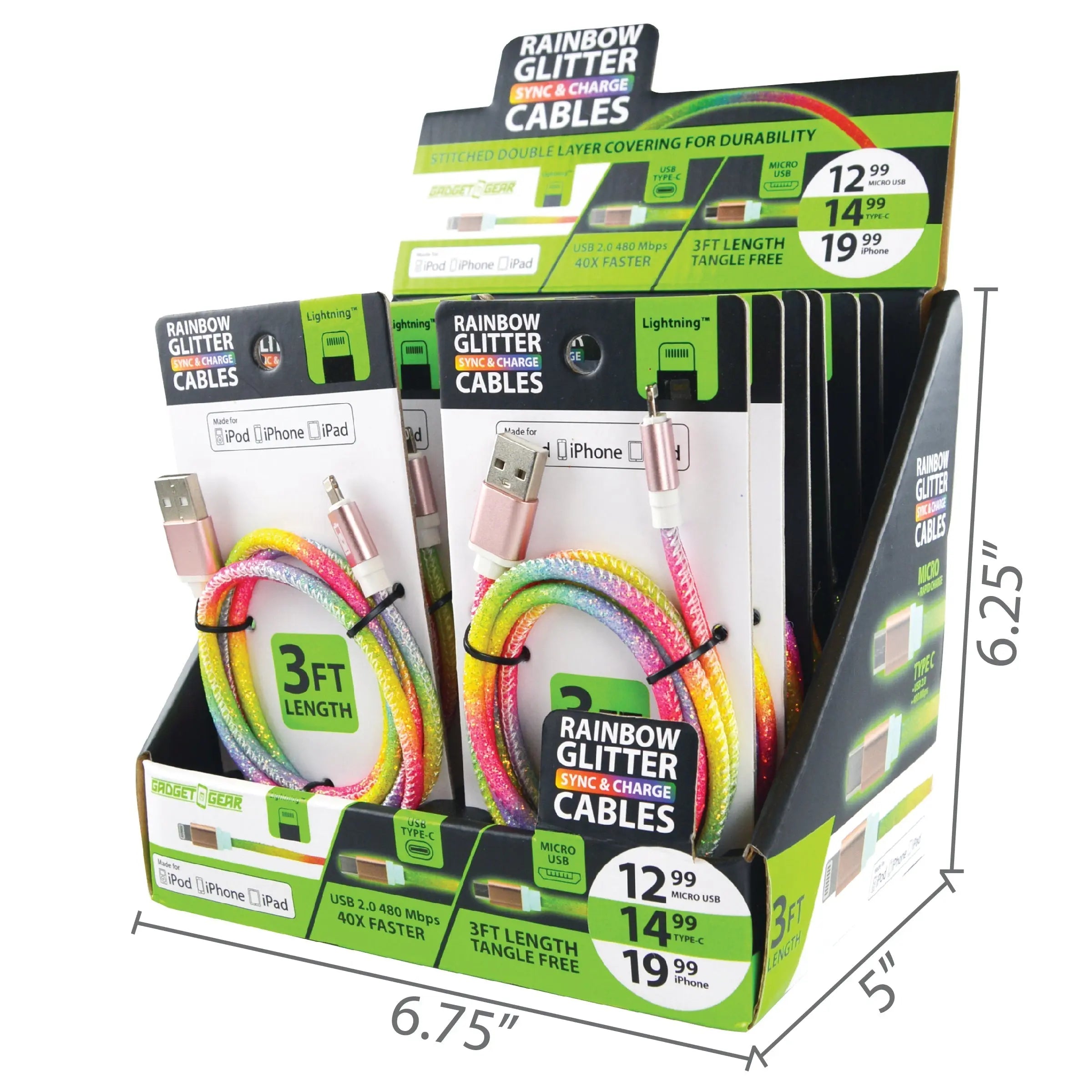 Charging Cable Rainbow Assortment 3FT - 12 Pieces Per Retail Ready Display 88274 GADGET GEAR
