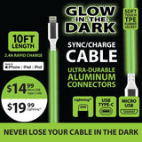 Charging Cable Glow in The Dark Assortment 10FT 2.4 Amp - 6 Pieces Per Retail Ready Display 88295 GADGET GEAR