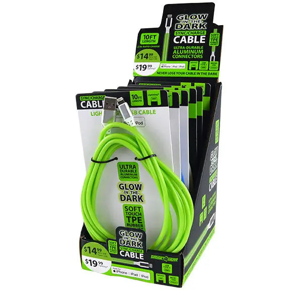 Charging Cable Glow in The Dark Assortment 10FT 2.4 Amp - 6 Pieces Per Retail Ready Display 88295 GADGET GEAR
