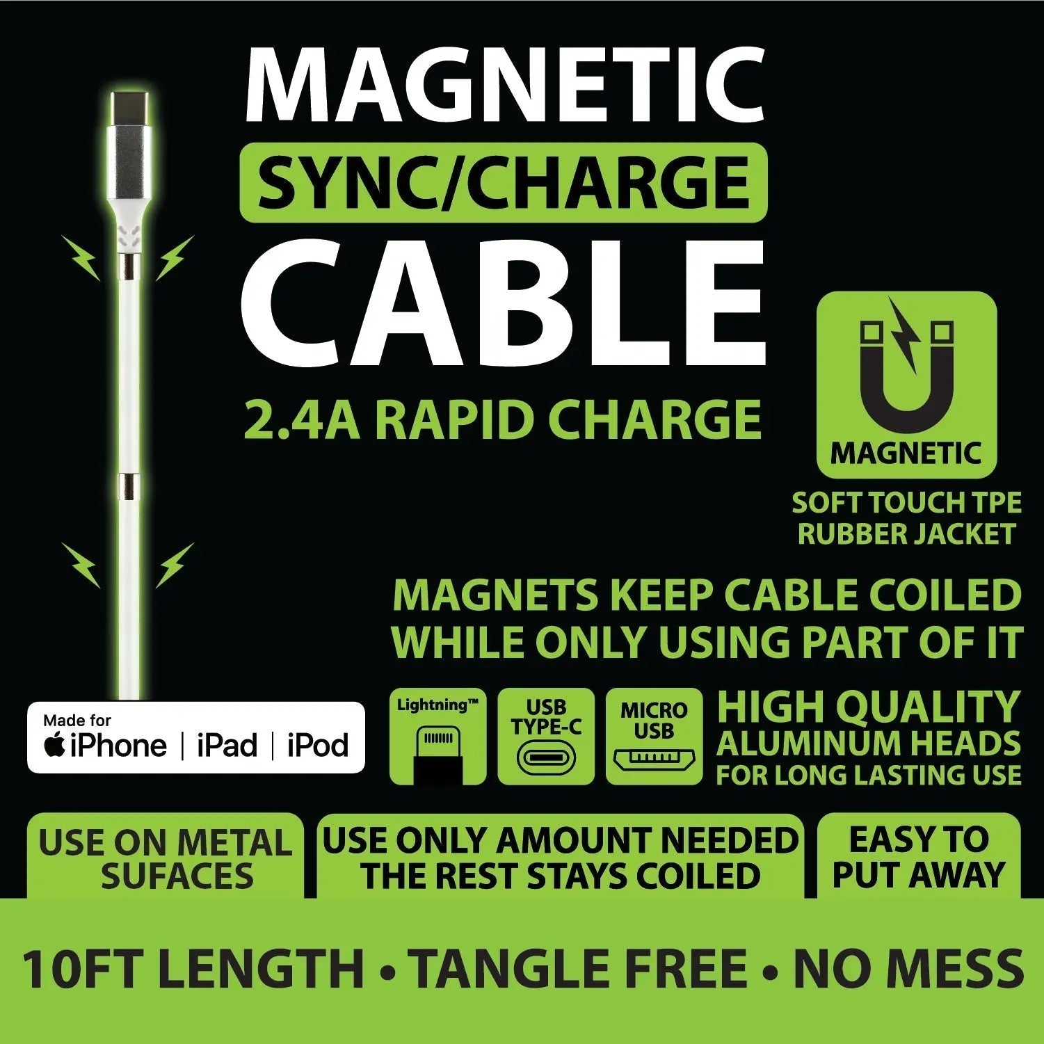Charging Cable Magnetic Assortment 10FT - 6 Pieces Per Retail Ready Display 88414 GADGET GEAR