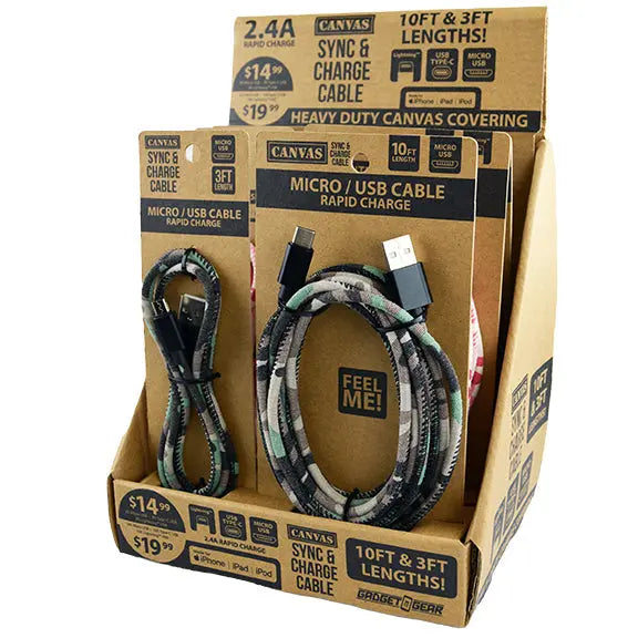 Charging Cable Camo Assortment 3FT - 12 Pieces Per Retail Ready Display 88303 GADGET GEAR