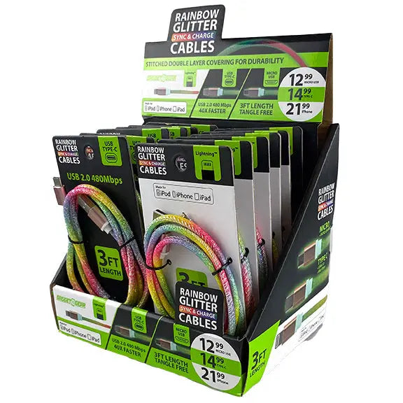 Charging Cable Rainbow Assortment 3FT - 12 Pieces Per Retail Ready Display 88318 GADGET GEAR