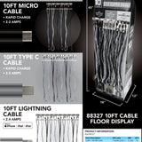 10FT Braided Sync and Charge Cable Assortment Floor Display - 24 Pieces Per Retail Ready Display 88327 GADGET GEAR