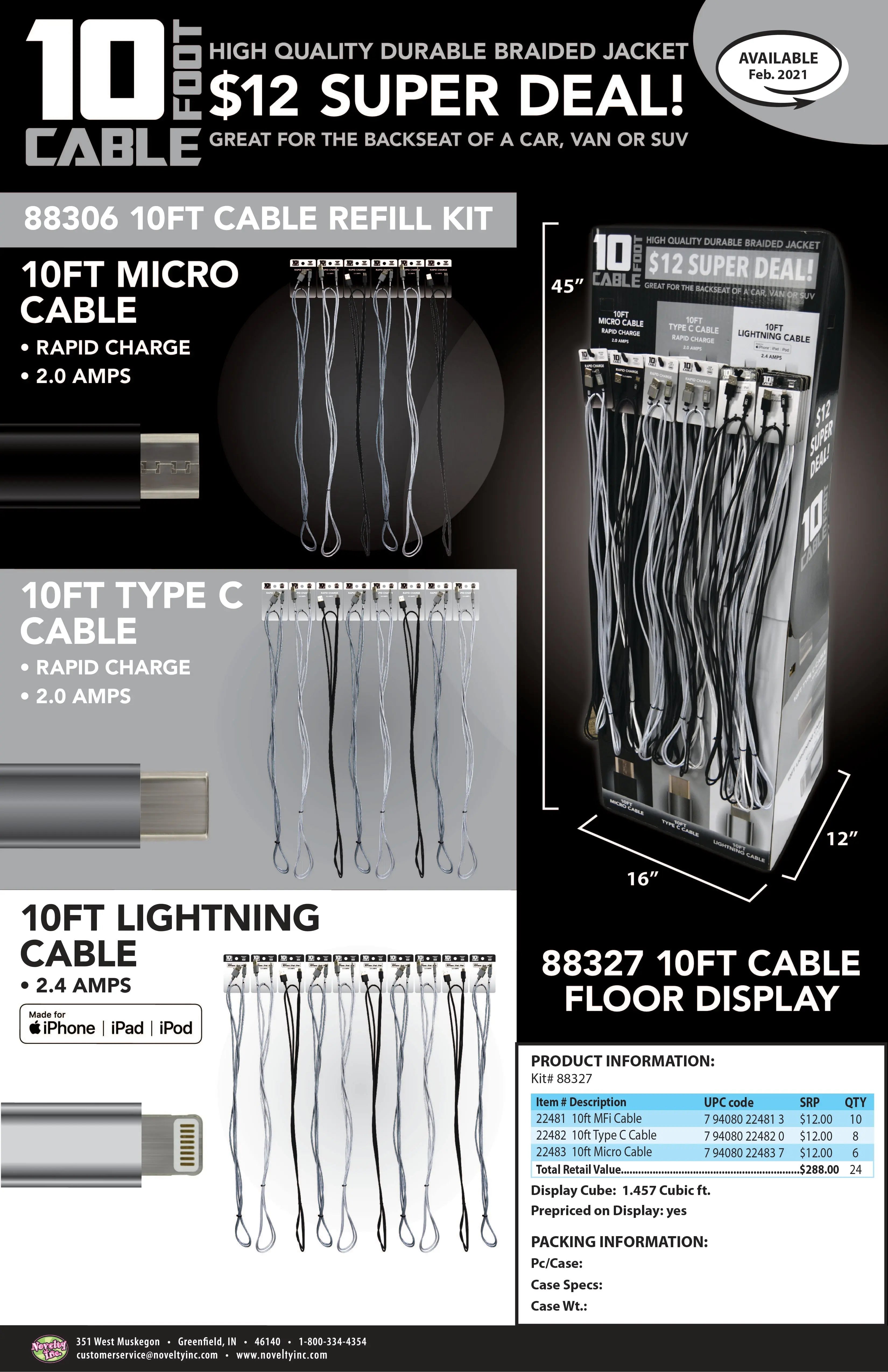 10FT Braided Sync and Charge Cable Assortment Floor Display - 24 Pieces Per Retail Ready Display 88327 GADGET GEAR