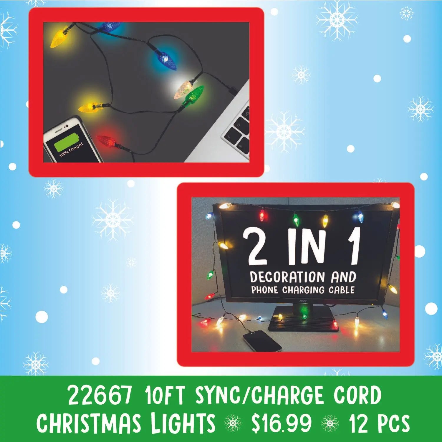 Christmas Light 10FT Sync and Charge Cable - 12 Pieces Per Pack 22667 NOVELTY INC