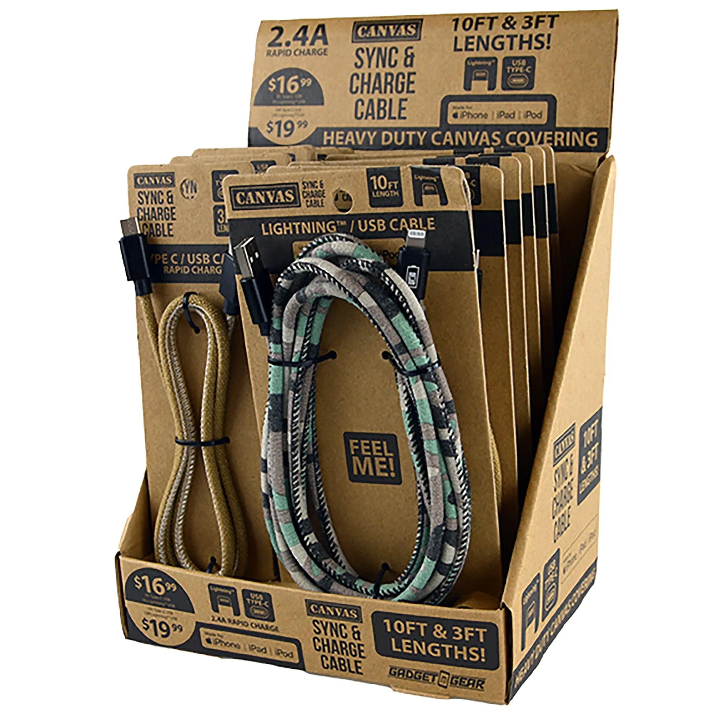 Canvas Charging Cable Assortment - 12 Pieces Per Retail Ready Display 88346 GADGET GEAR