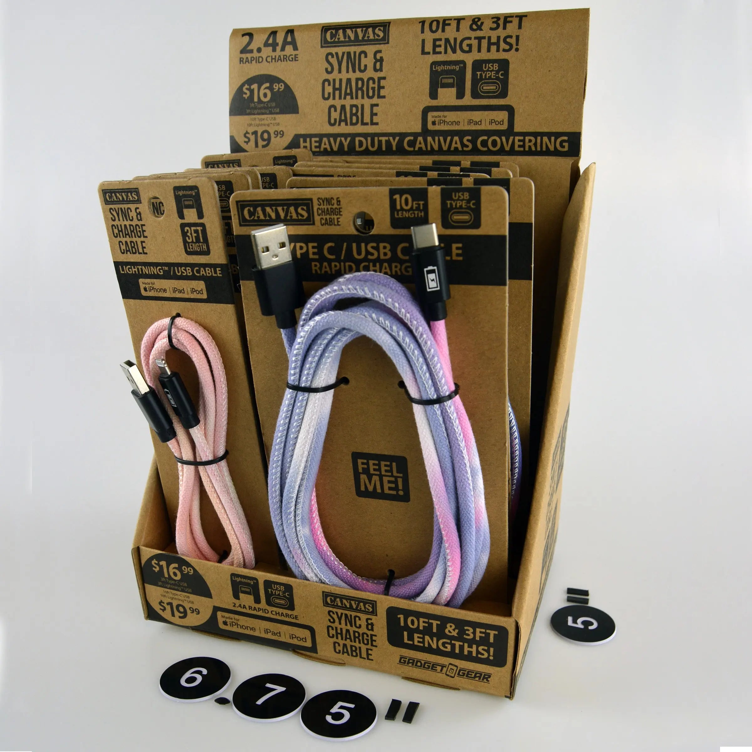 Tie Dye Canvas Charging Cable Assortment - 12 Pieces Per Retail Ready Display 88353 GADGET GEAR