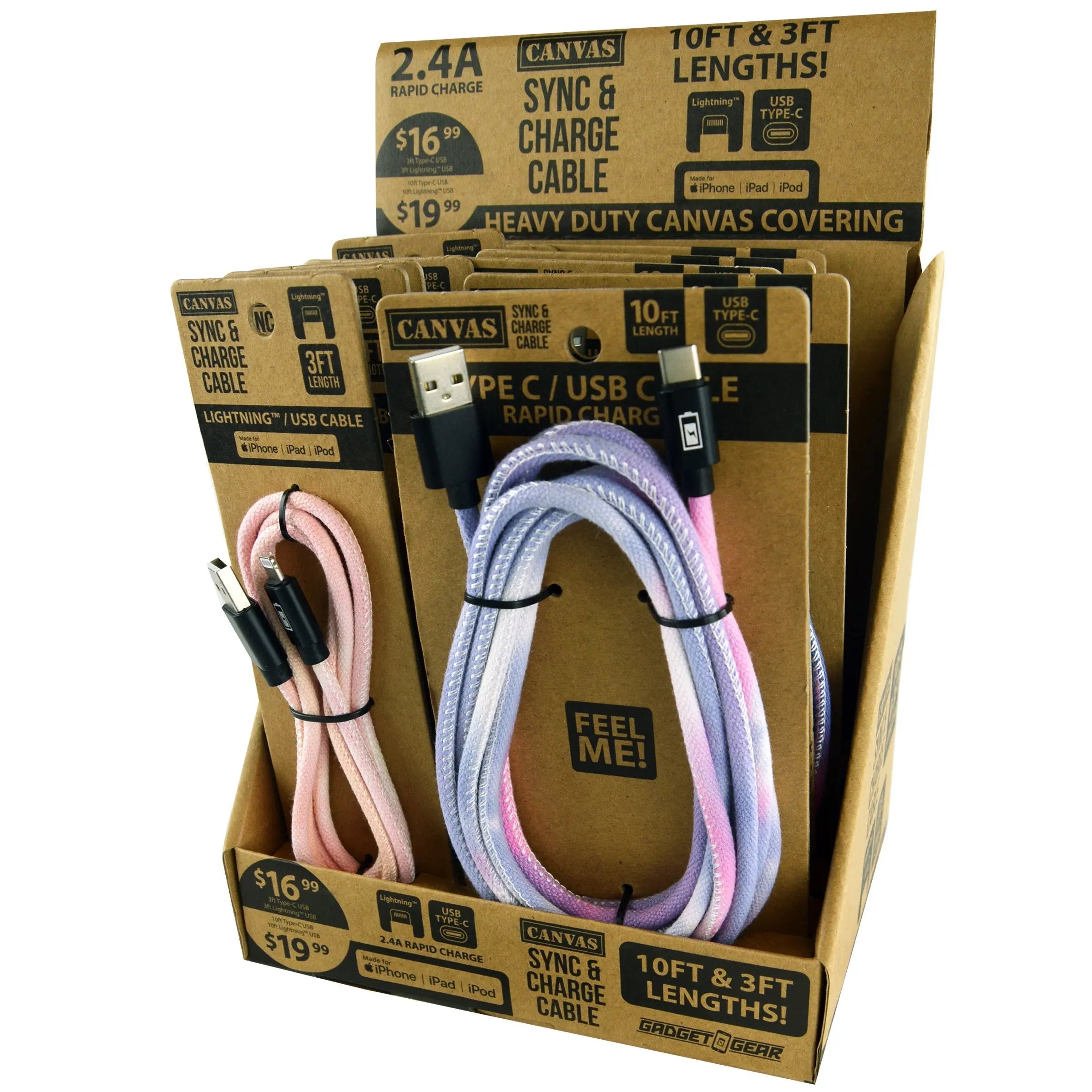 Tie Dye Canvas Charging Cable Assortment - 12 Pieces Per Retail Ready Display 88353 GADGET GEAR