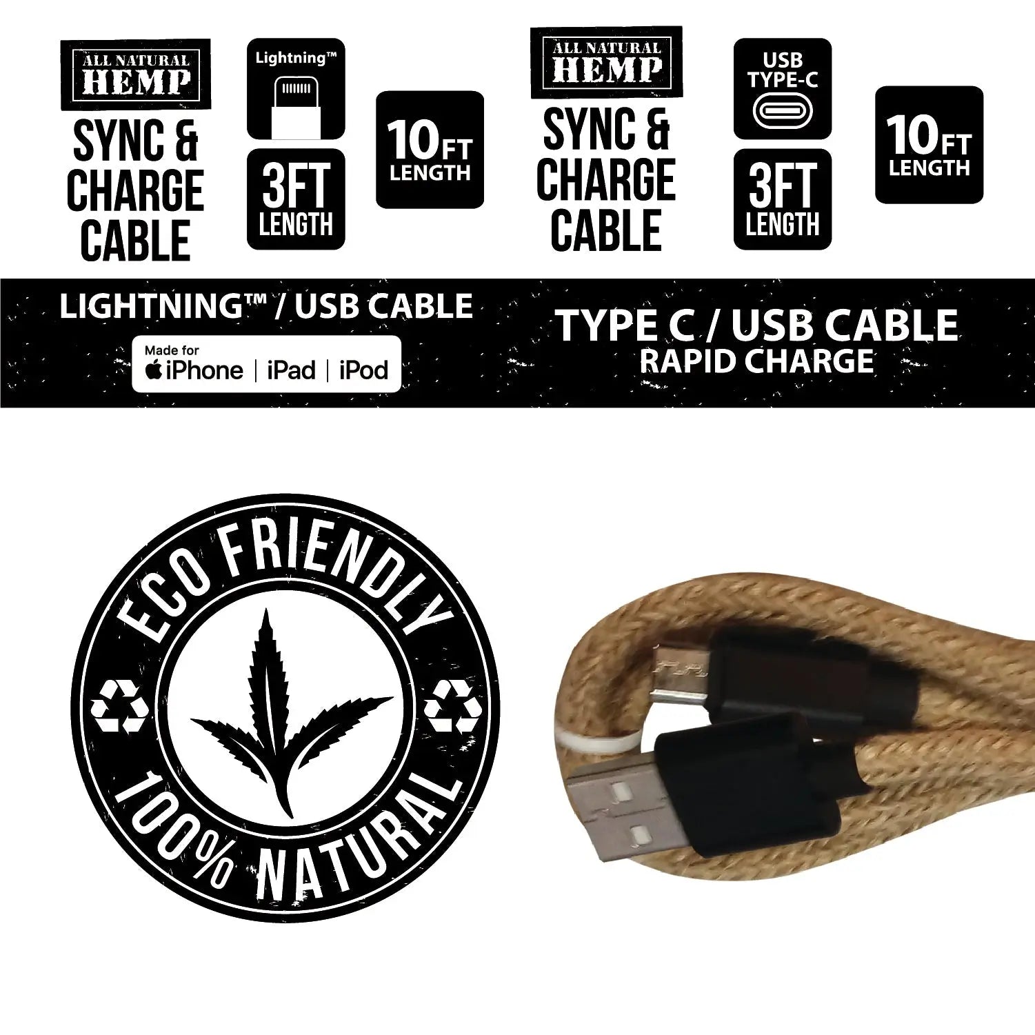 Hemp Charging Cable Assortment - 12 Pieces Per Retail Ready Display 88354 NOVELTY INC