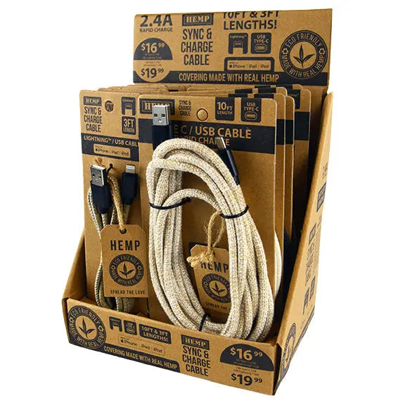 Hemp Charging Cable Assortment - 12 Pieces Per Retail Ready Display 88354 NOVELTY INC