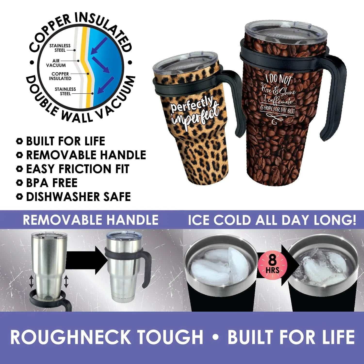 30 oz Insulated Stainless-Steel Cup with Handle Assortment Floor Display - 54 Pieces Per Retail Ready Display 88408 ROUGHNECK
