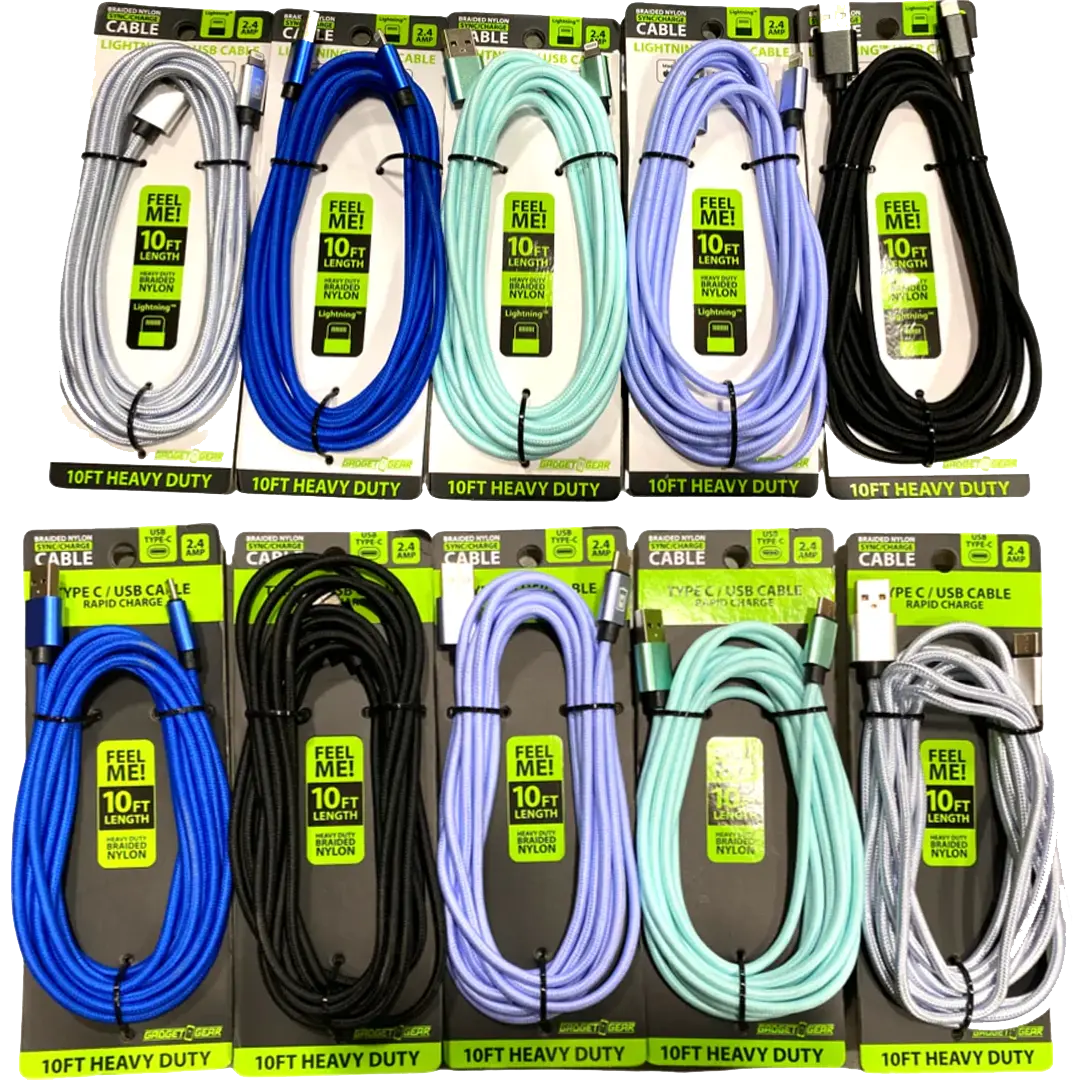 Charging Cable Wing Rack Assortment 10FT - 10 Pieces Per Pack 88422 GADGET GEAR