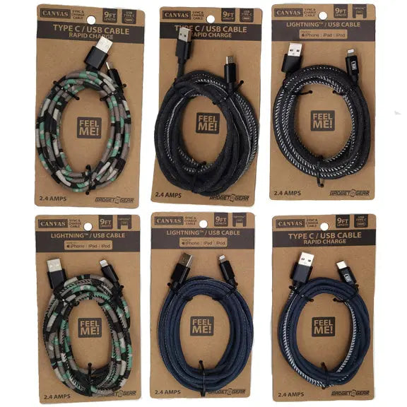 Charging Cable Canvas Assortment 9FT - 6 Pieces Per Retail Ready Display 88435 GADGET GEAR