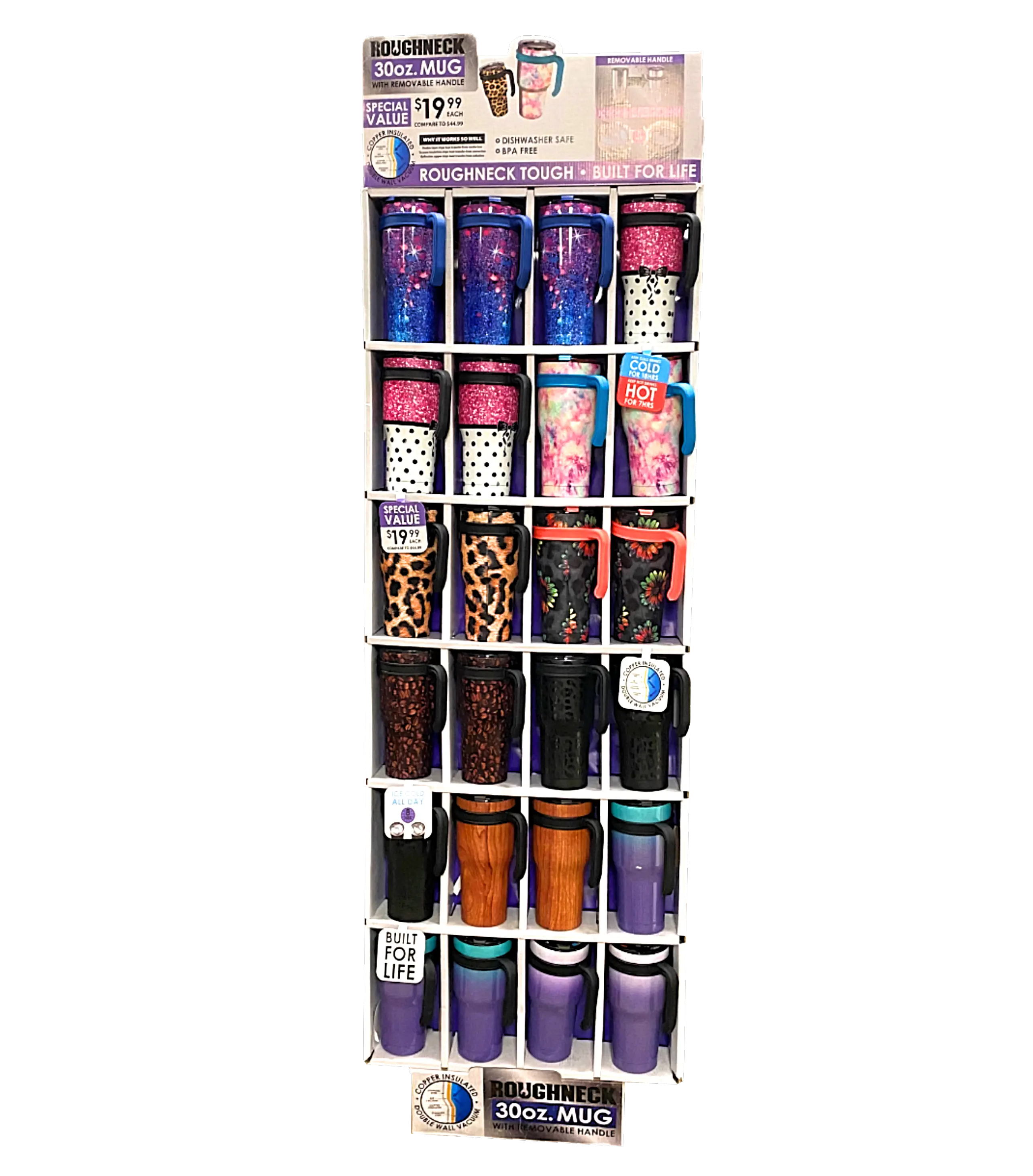 30 oz Insulated Stainless-Steel Cup with Handle Assortment Floor Display - 24 Pieces Per Retail Ready Display 88446 ROUGHNECK