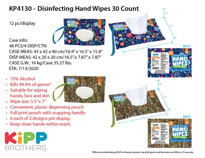 Disinfecting Wipes 30Ct Dispenser 12 Pieces Per Retail Ready Display KP4130 KIPP BROTHERS