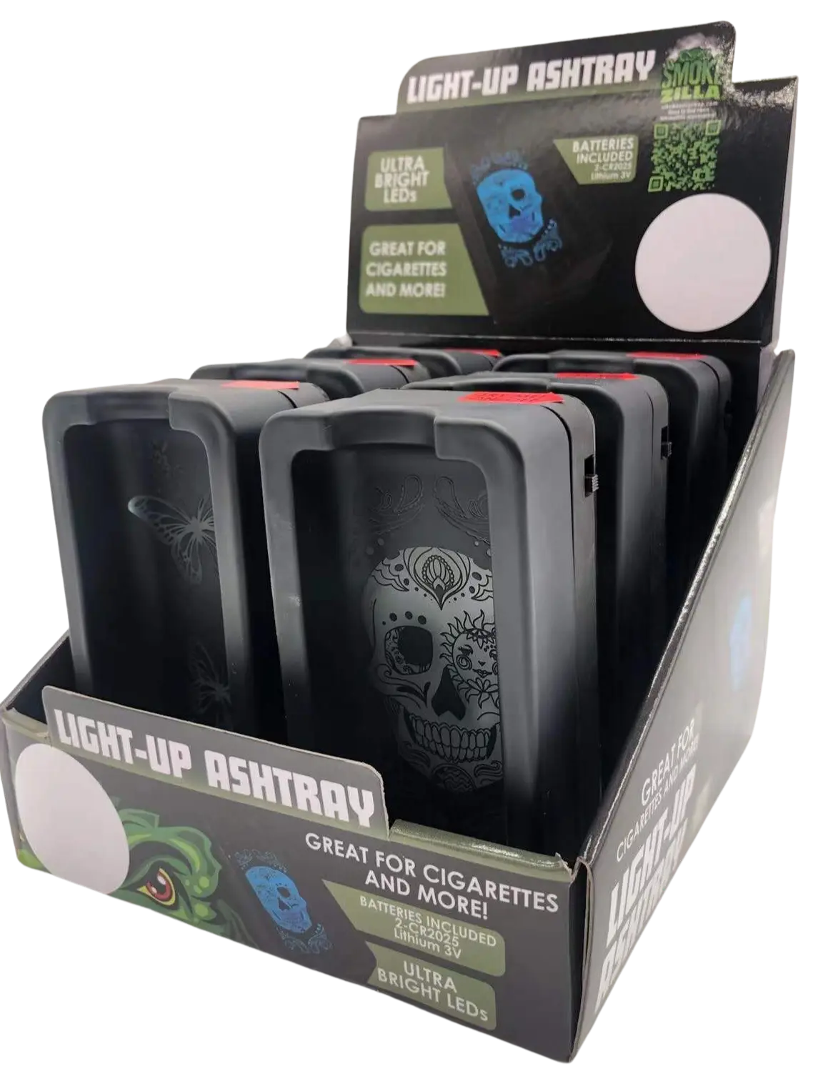 Black Glass Ashtray with LED Light-Up Design - 6 Pieces Per Retail Ready Display 23104 SMOKEZILLA