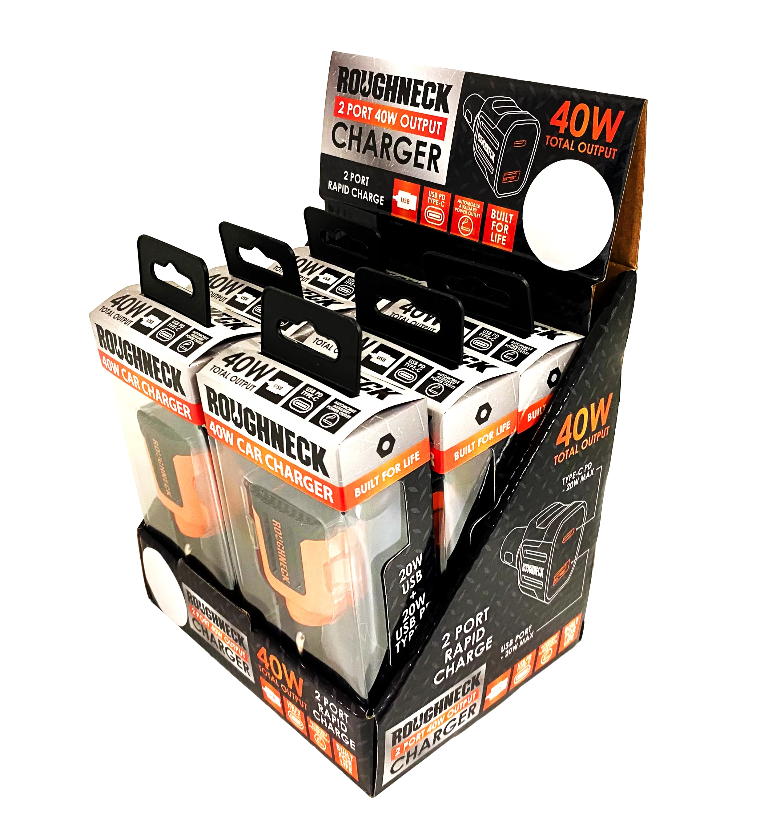 Car Charger Dual Port USB / USB-C 40 Watts - 6 Pieces Per Retail Ready Display 23247 ROUGHNECK