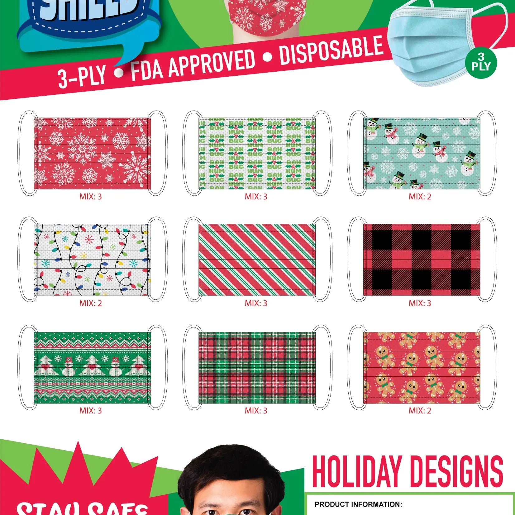 Christmas Printed Face Mask - 24 Pieces Per Retail Ready Display KP4178 KIPP BROTHERS