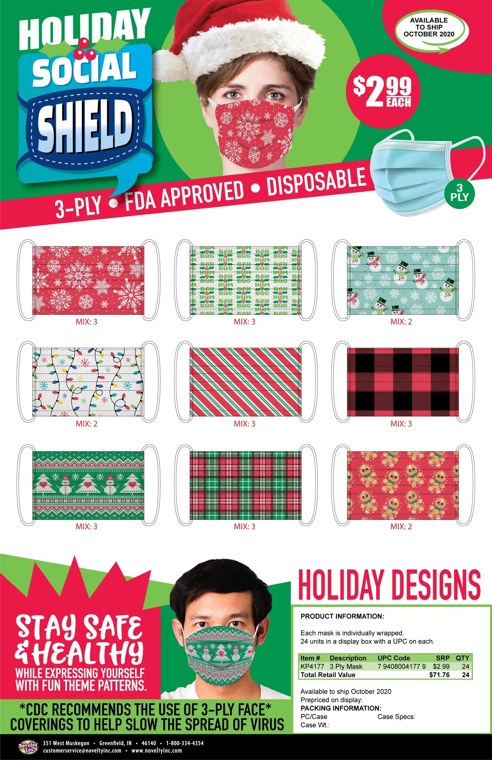 Christmas Printed Face Mask - 24 Pieces Per Retail Ready Display KP4178 KIPP BROTHERS