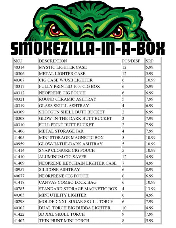 Smoking Accessories Assortment Floor Display - 161 Pieces Per Retail Ready Display 88409 SMOKEZILLA