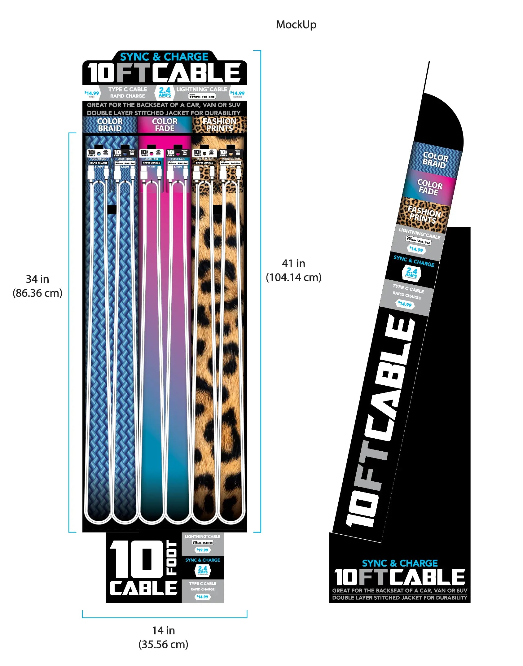 10FT Braided Sync and Charge Cable Assortment Floor Display - 36 Pieces Per Retail Ready Display 88385 NOVELTY INC