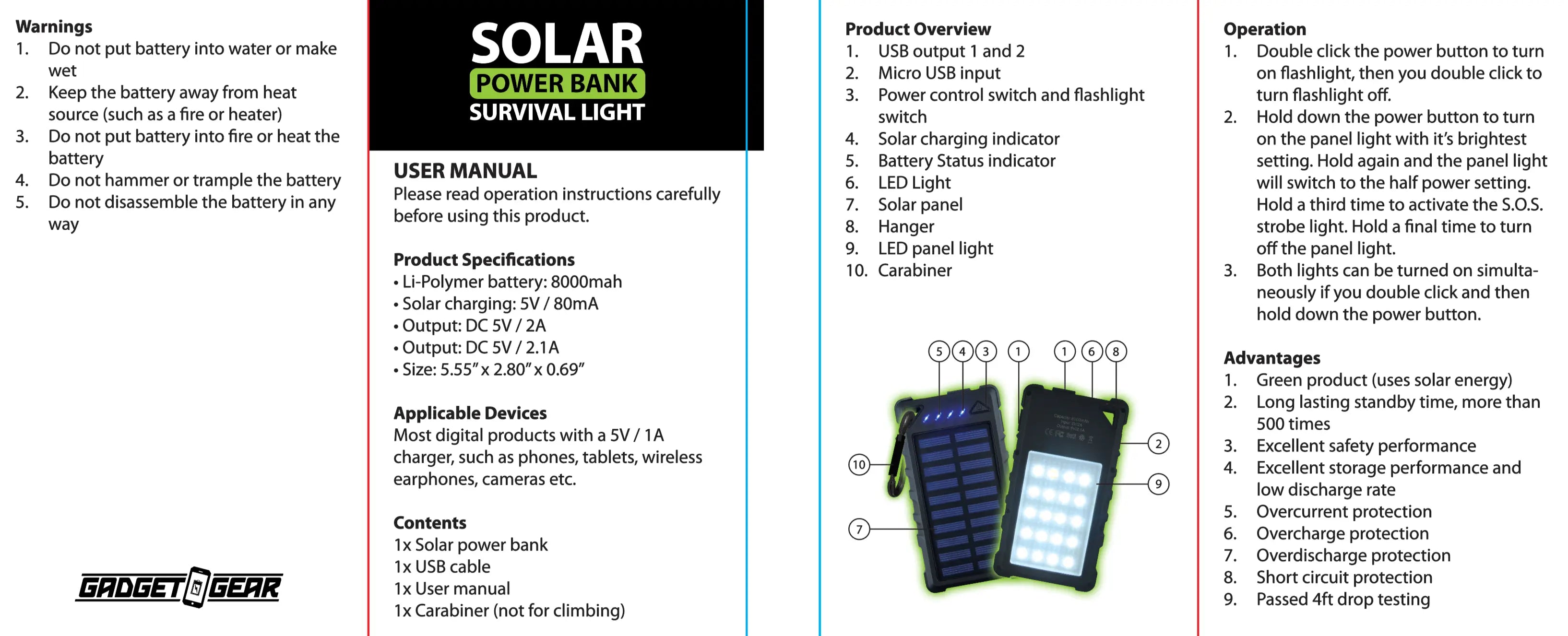 Rechargeable Solar Power Bank with LED Survival Light - 4 Pieces Per Retail Ready Display 23517 GADGET GEAR