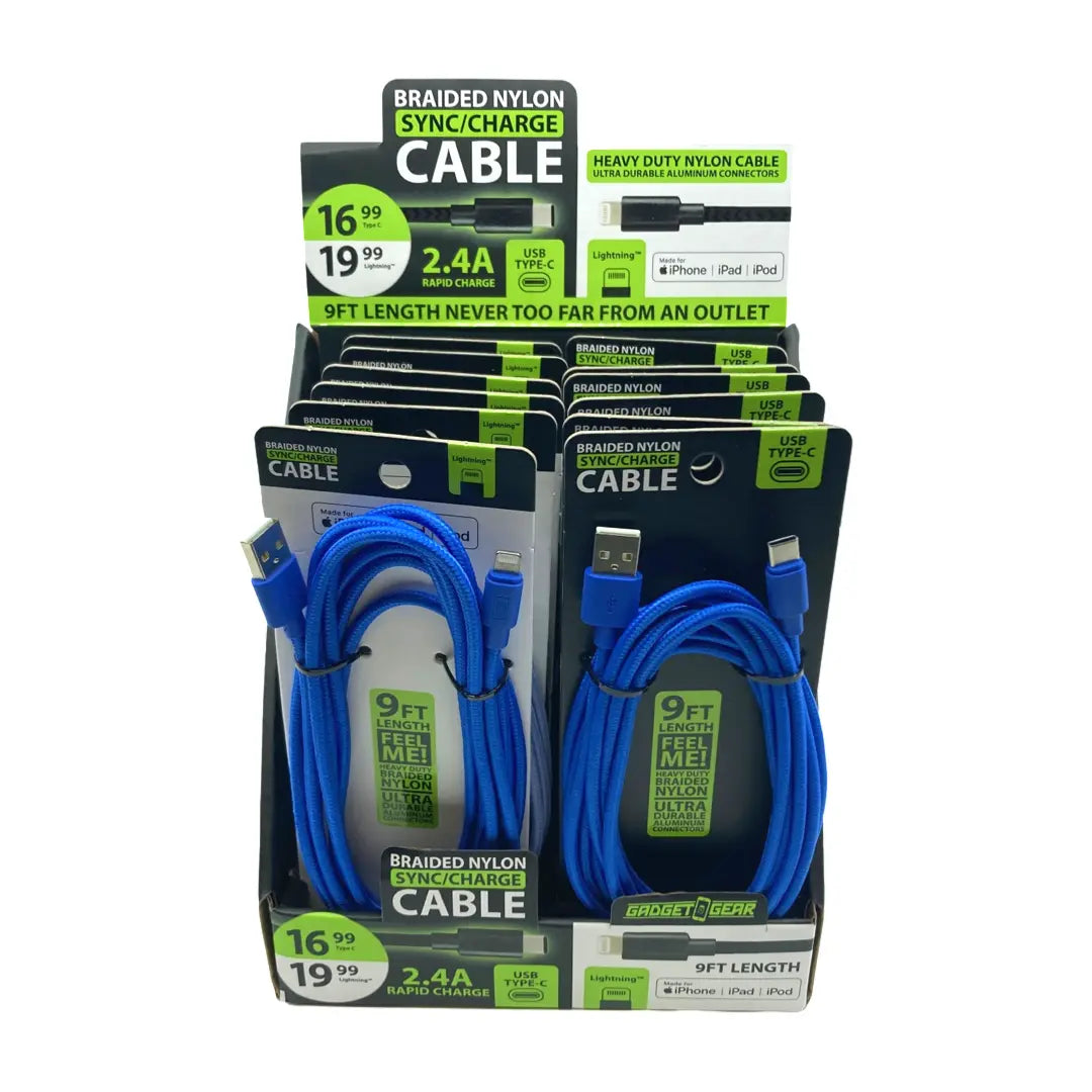 Charging Cable Braided Nylon Assortment 9FT 2.4 Amp - 12 Pieces Per Retail Ready Display 88254 GADGET GEAR