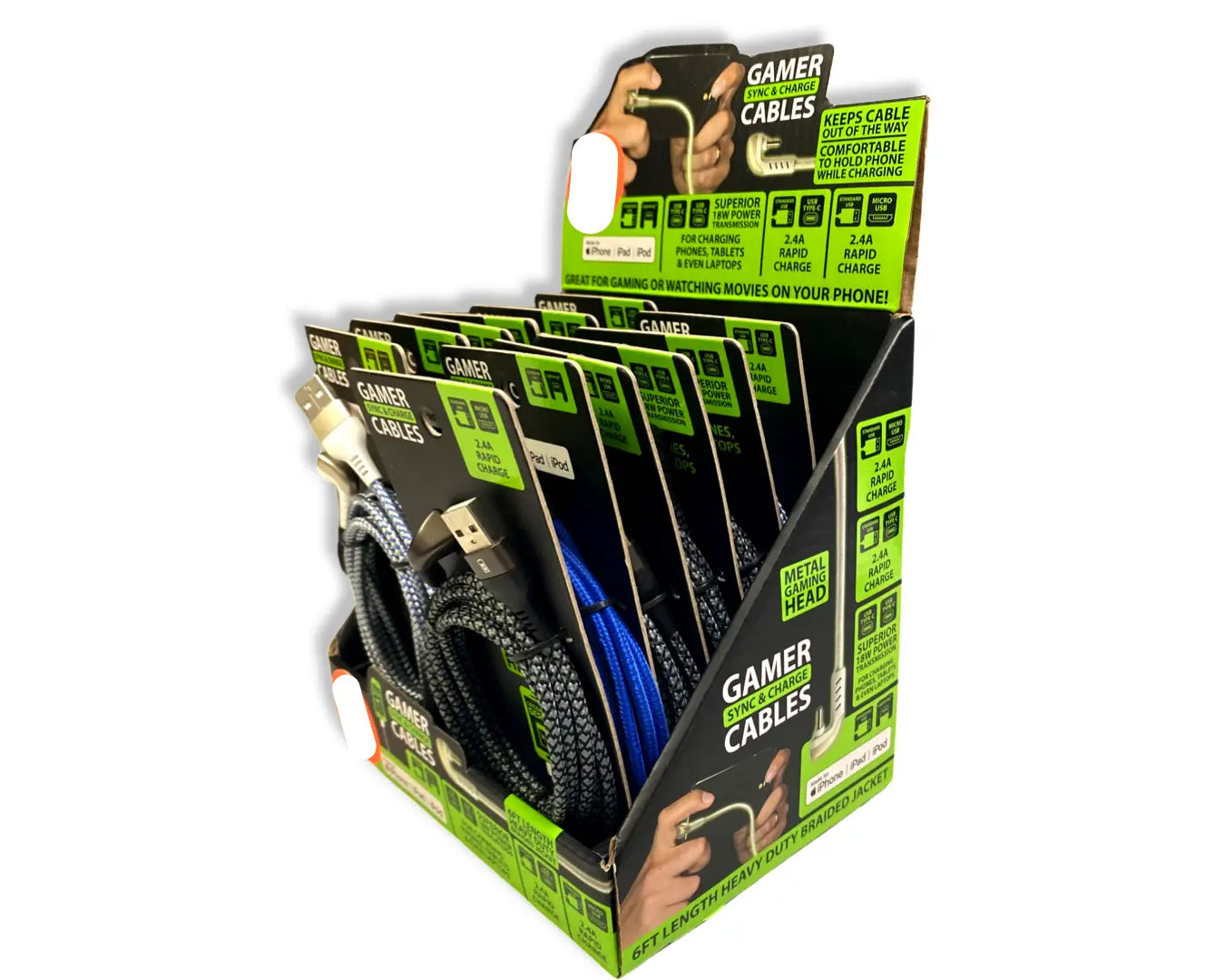 Charging Cable Gamer Angled USB Assortment - 12 Pieces Per Retail Ready Display 88258 GADGET GEAR