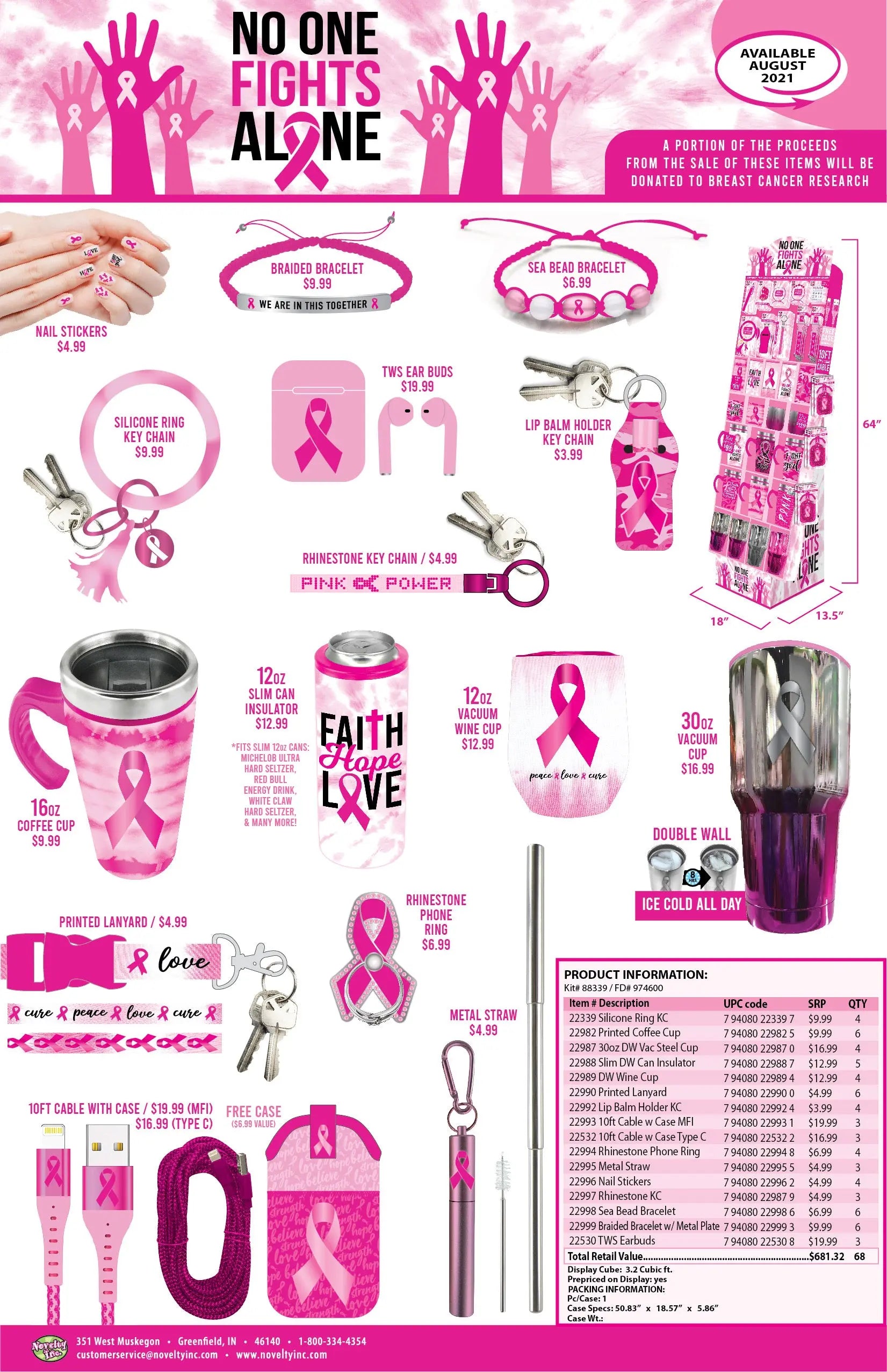 Breast Cancer Awareness Pink Assortment Floor Display - 68 Pieces Per Retail Ready Display 88339 NOVELTY INC
