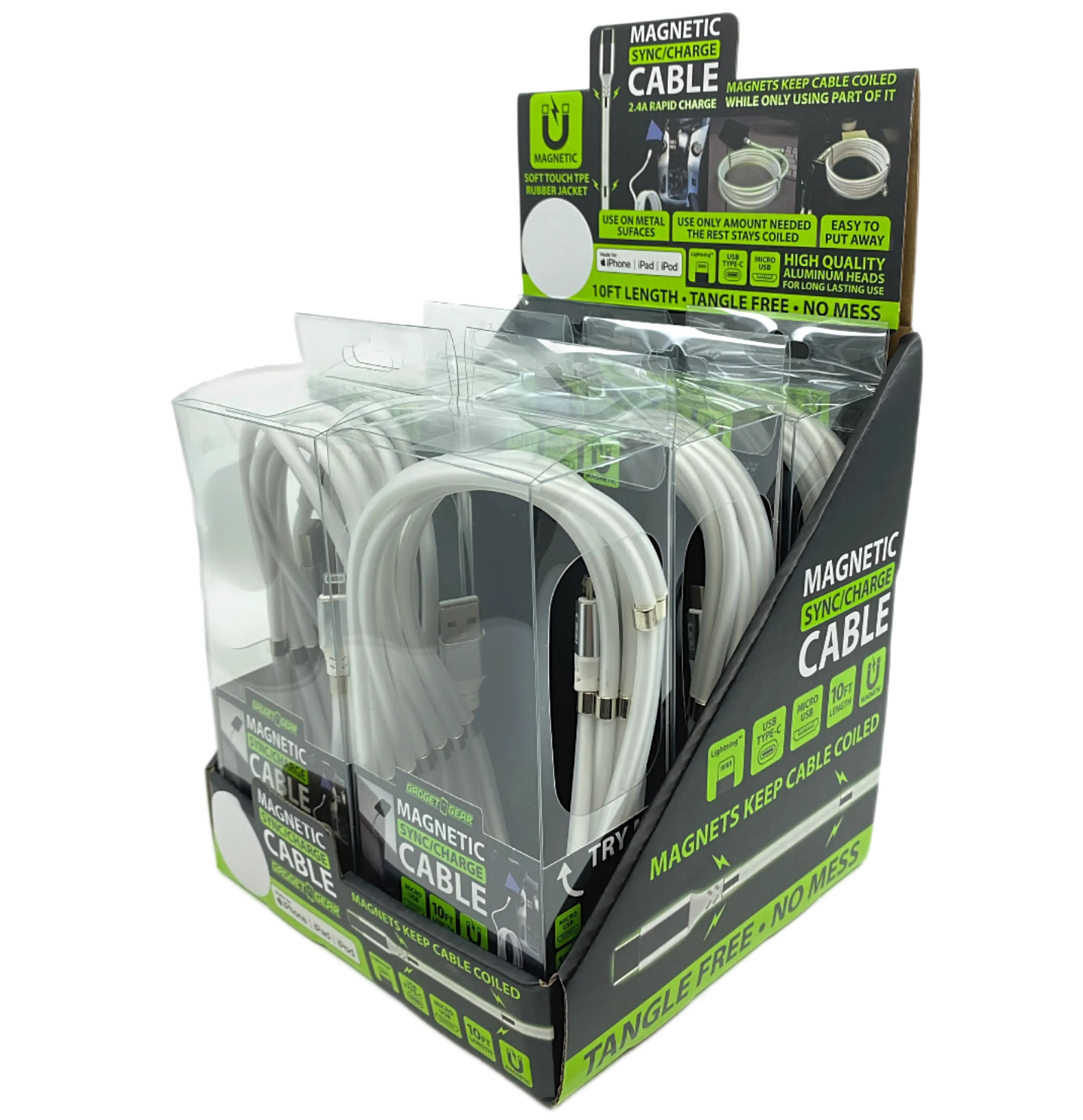 Charging Cable Magnetic Assortment 10FT - 6 Pieces Per Retail Ready Display 88414 GADGET GEAR